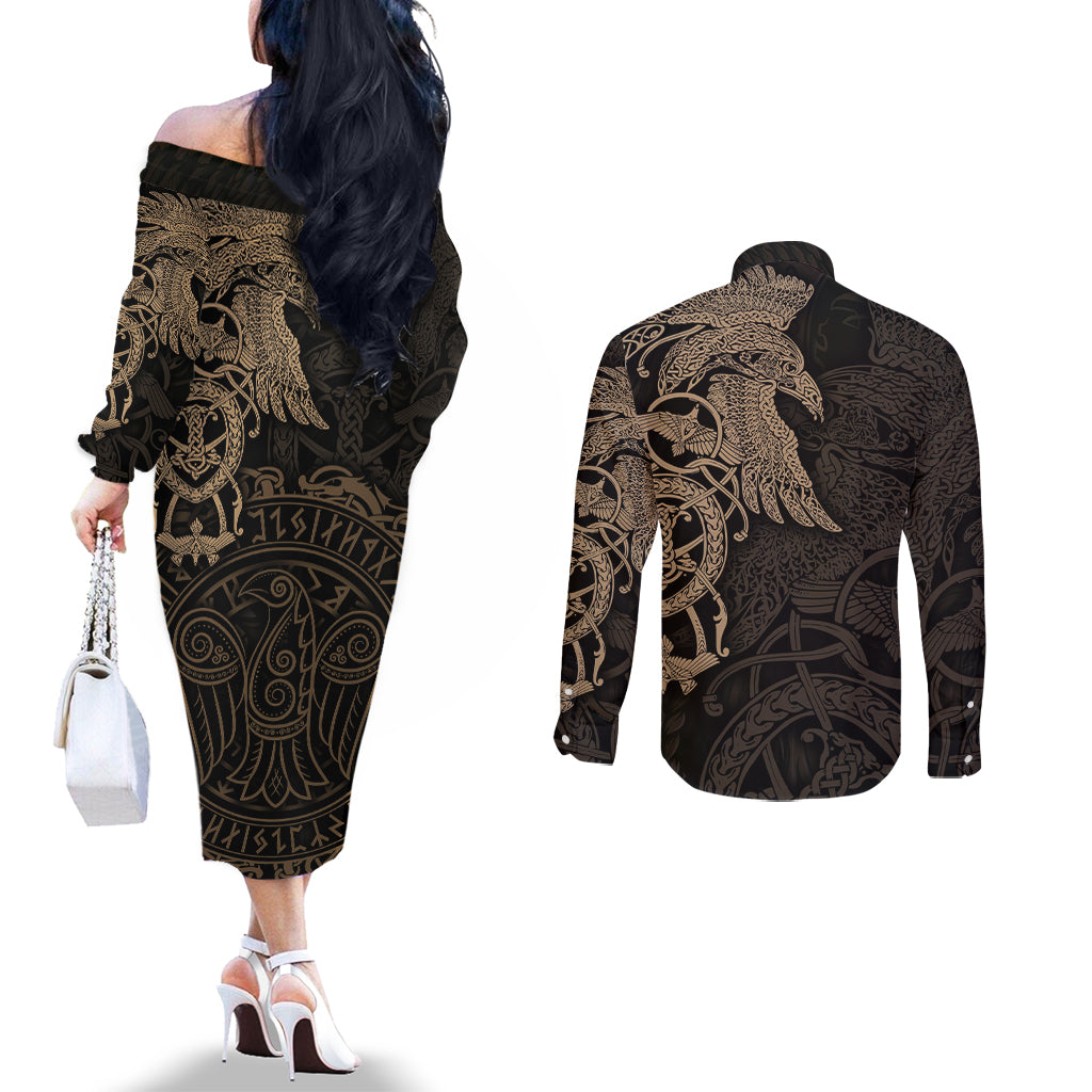 viking-raven-couples-matching-off-the-shoulder-long-sleeve-dress-and-long-sleeve-button-shirt-wisdom-in-flight