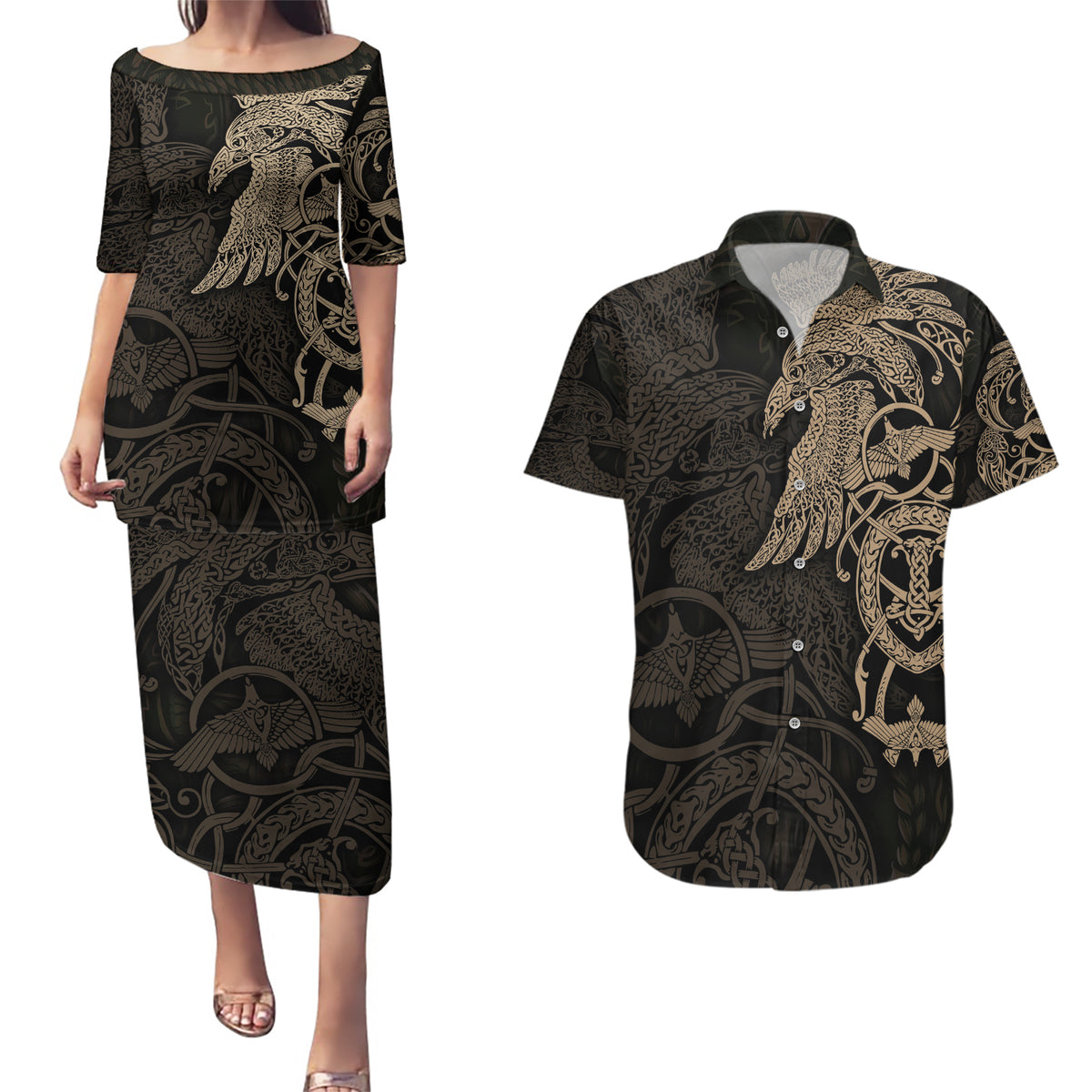 Viking Raven Couples Matching Puletasi Dress and Hawaiian Shirt Wisdom in Flight - Wonder Print Shop