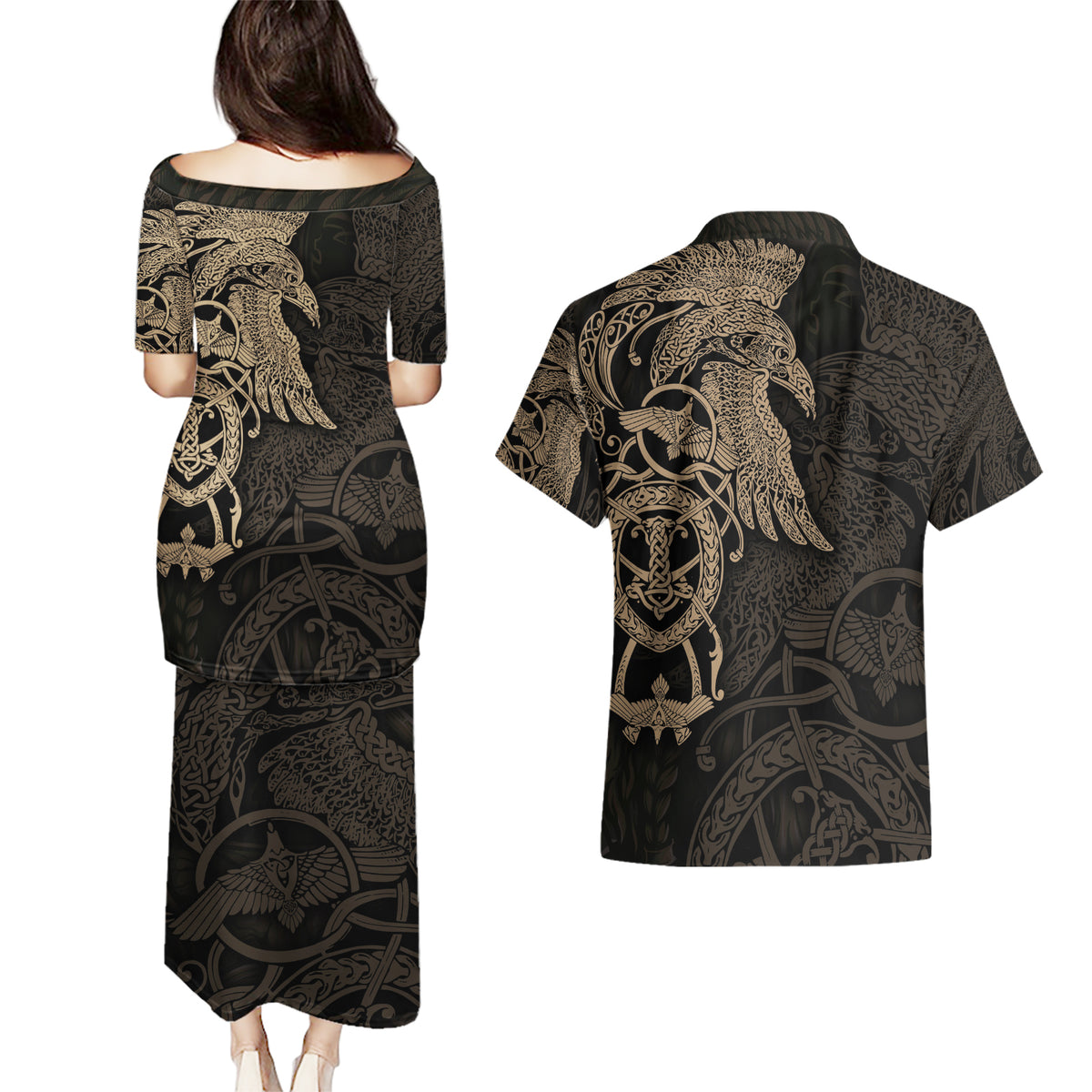Viking Raven Couples Matching Puletasi Dress and Hawaiian Shirt Wisdom in Flight - Wonder Print Shop
