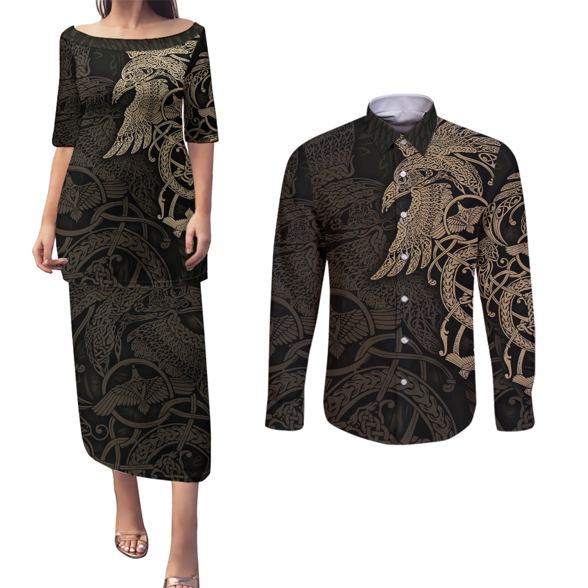 Viking Raven Couples Matching Puletasi Dress and Long Sleeve Button Shirt Wisdom in Flight - Wonder Print Shop