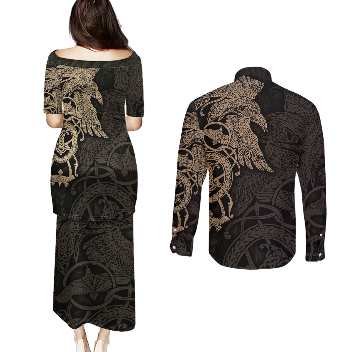 Viking Raven Couples Matching Puletasi Dress and Long Sleeve Button Shirt Wisdom in Flight - Wonder Print Shop