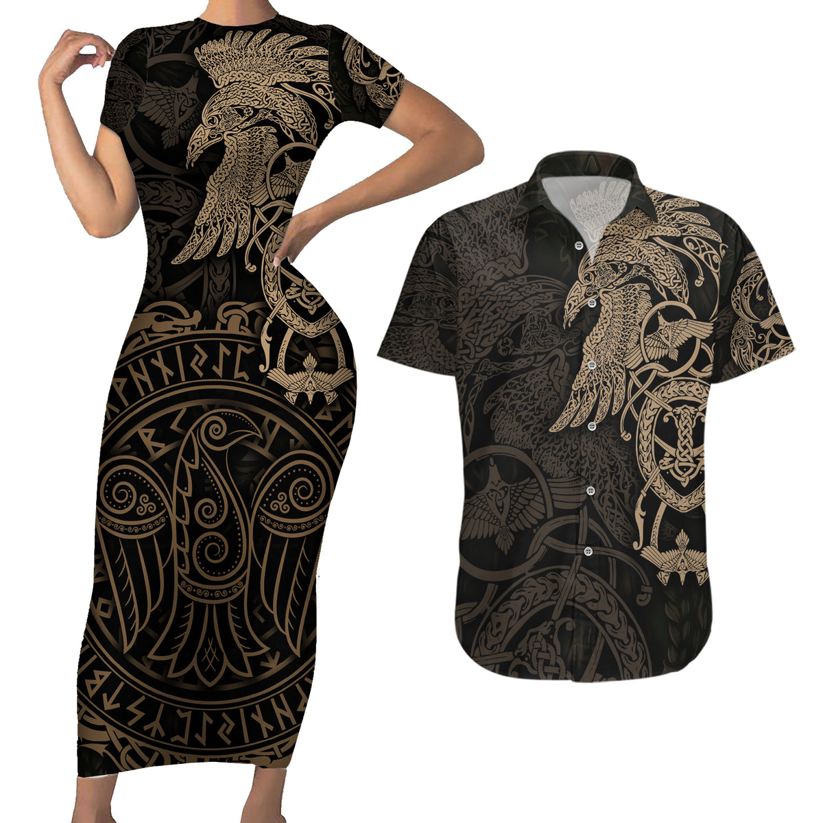 Viking Raven Couples Matching Short Sleeve Bodycon Dress and Hawaiian Shirt Wisdom in Flight - Wonder Print Shop