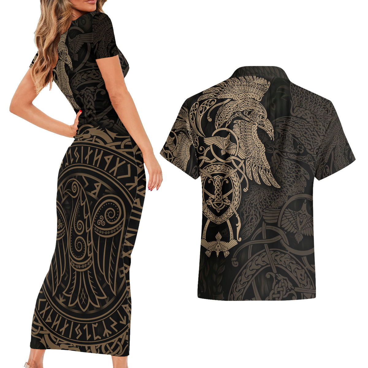 Viking Raven Couples Matching Short Sleeve Bodycon Dress and Hawaiian Shirt Wisdom in Flight - Wonder Print Shop