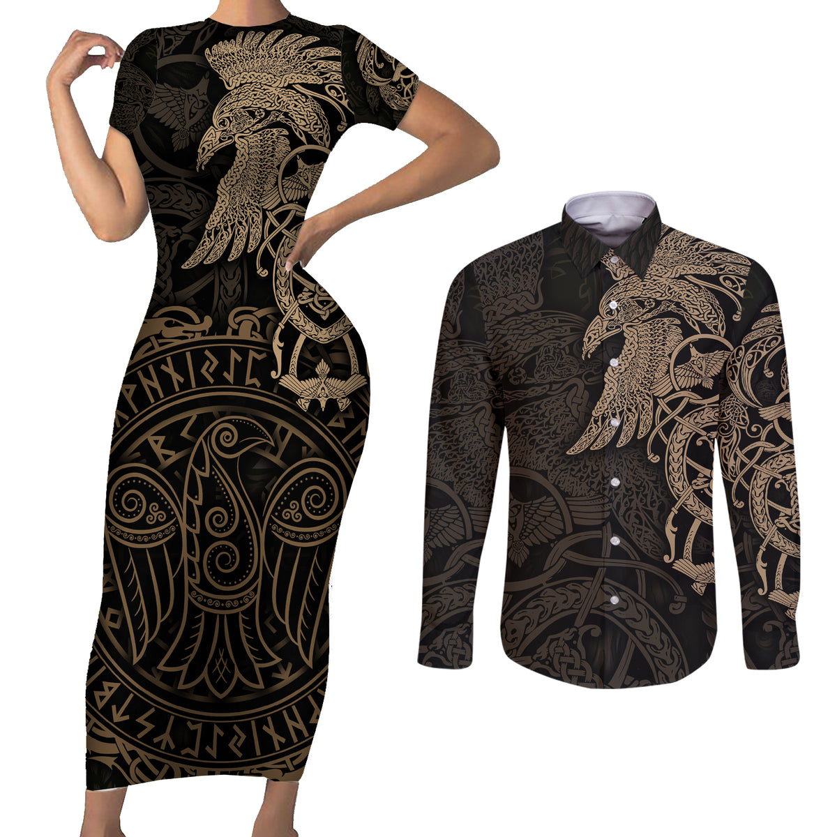 Viking Raven Couples Matching Short Sleeve Bodycon Dress and Long Sleeve Button Shirt Wisdom in Flight - Wonder Print Shop