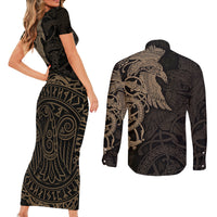 Viking Raven Couples Matching Short Sleeve Bodycon Dress and Long Sleeve Button Shirt Wisdom in Flight - Wonder Print Shop