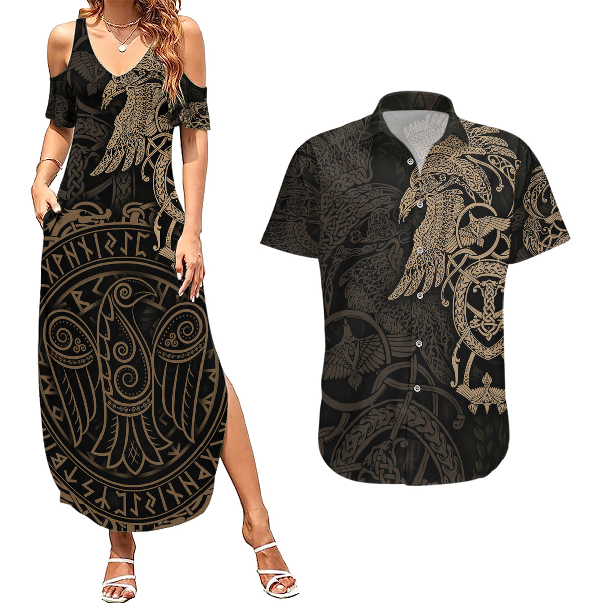 Viking Raven Couples Matching Summer Maxi Dress and Hawaiian Shirt Wisdom in Flight - Wonder Print Shop