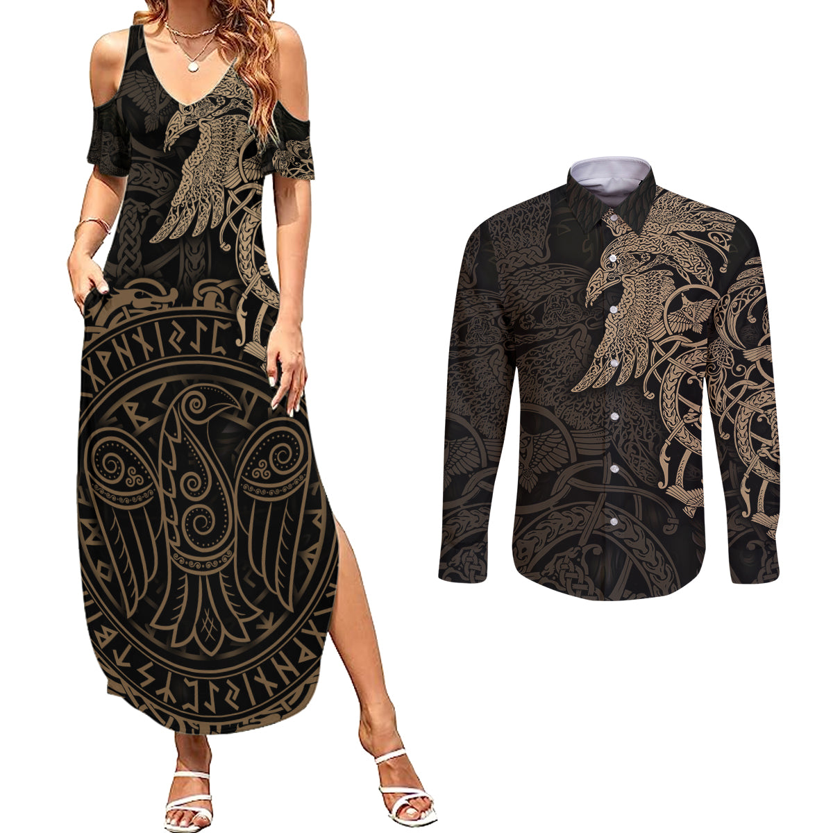 Viking Raven Couples Matching Summer Maxi Dress and Long Sleeve Button Shirt Wisdom in Flight - Wonder Print Shop