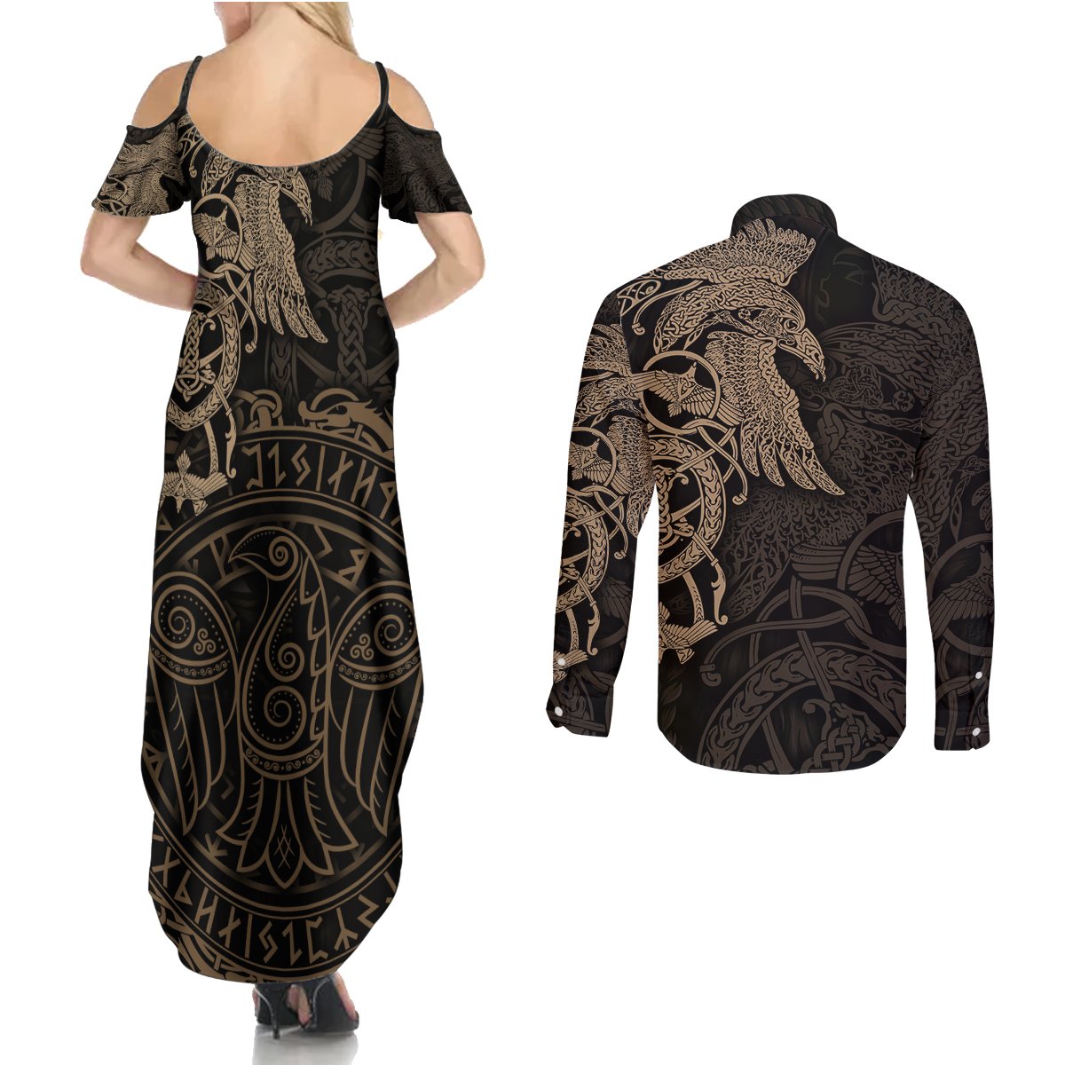 Viking Raven Couples Matching Summer Maxi Dress and Long Sleeve Button Shirt Wisdom in Flight - Wonder Print Shop