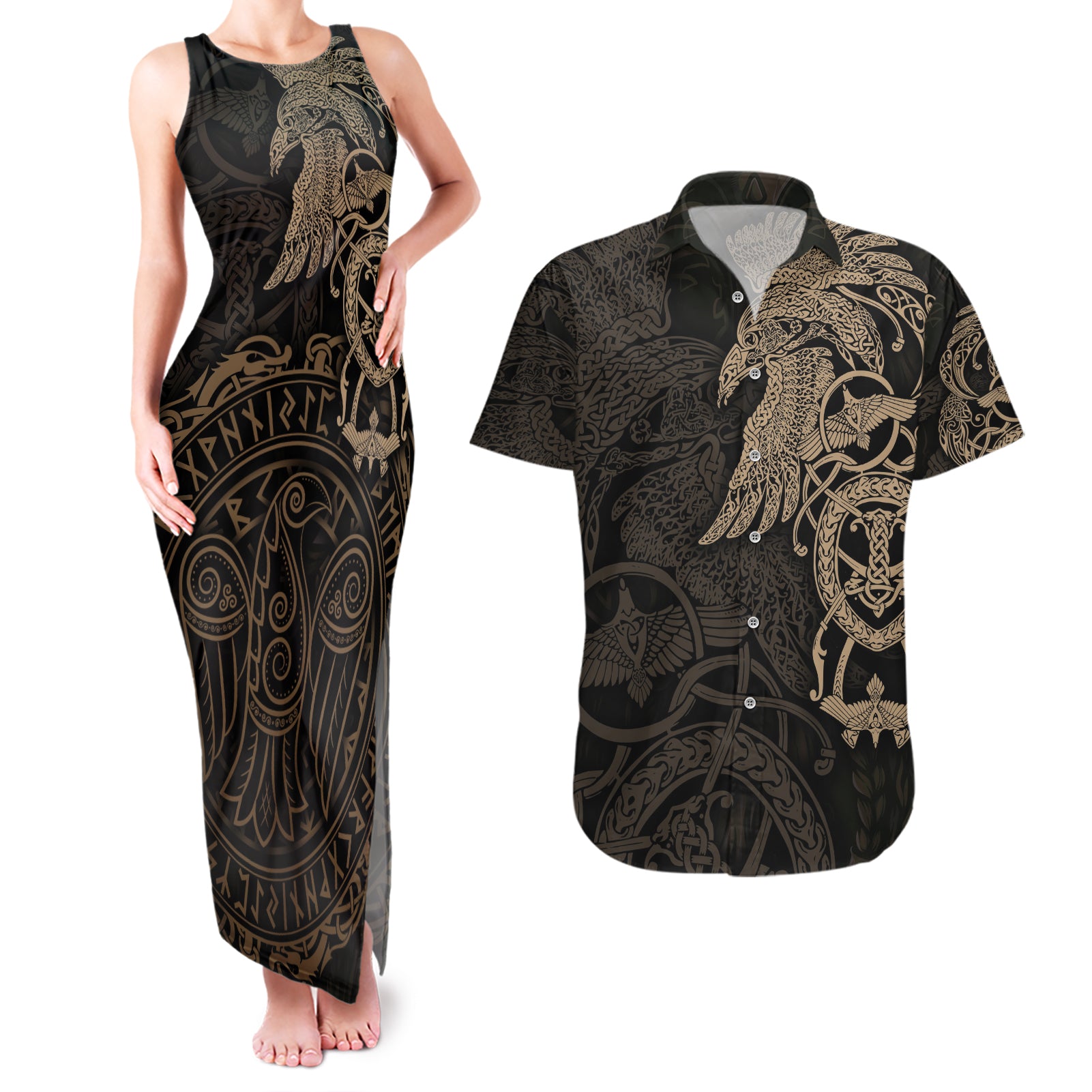 Viking Raven Couples Matching Tank Maxi Dress and Hawaiian Shirt Wisdom in Flight - Wonder Print Shop
