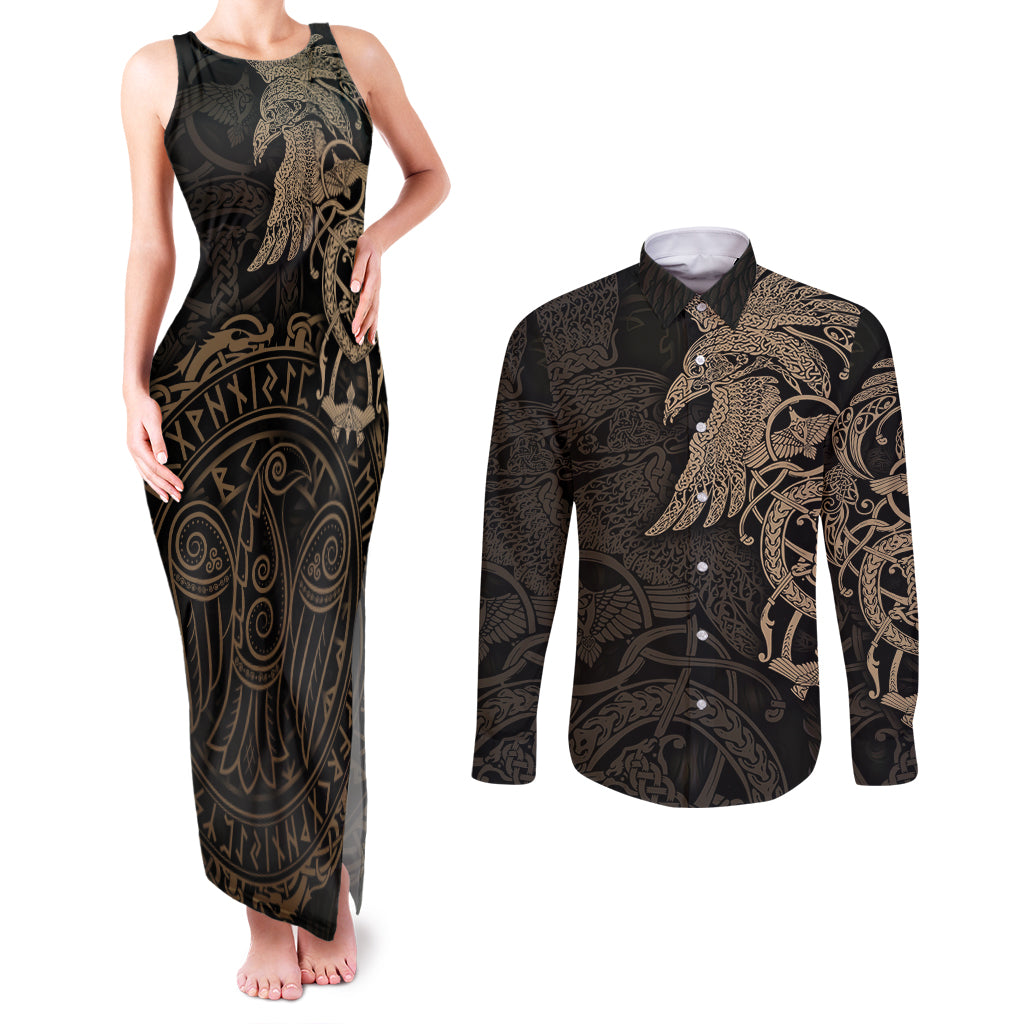 Viking Raven Couples Matching Tank Maxi Dress and Long Sleeve Button Shirt Wisdom in Flight - Wonder Print Shop