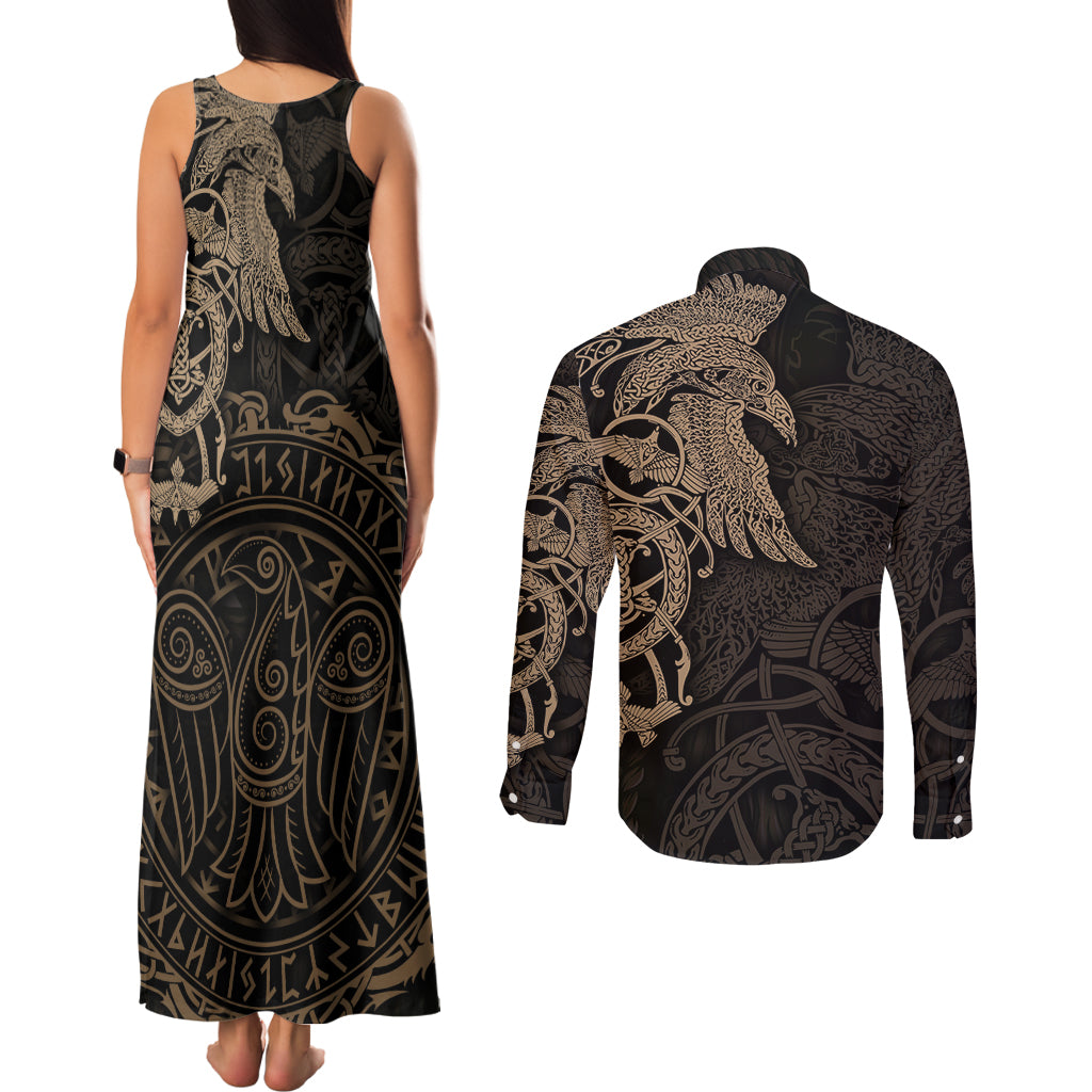 Viking Raven Couples Matching Tank Maxi Dress and Long Sleeve Button Shirt Wisdom in Flight - Wonder Print Shop
