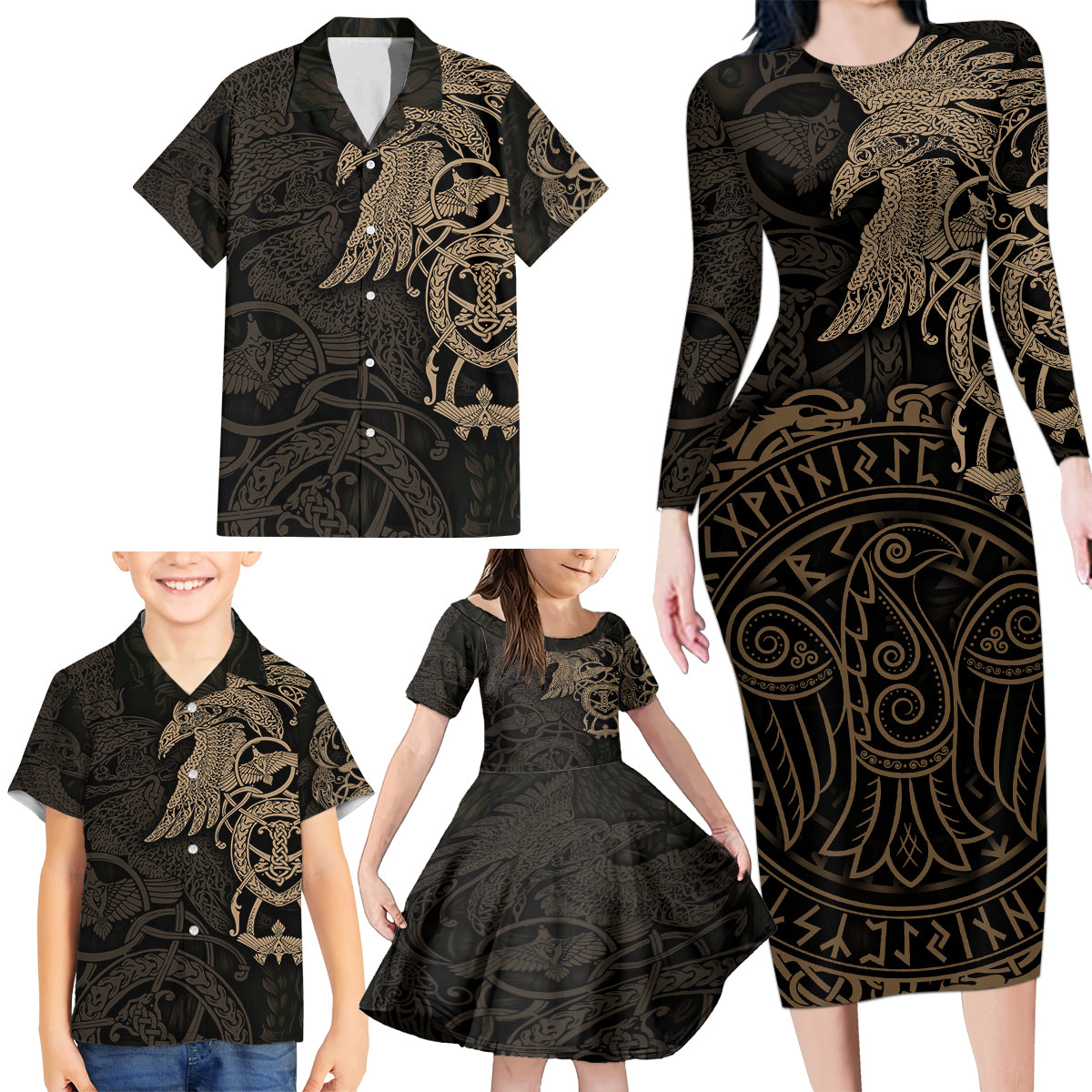 Viking Raven Family Matching Long Sleeve Bodycon Dress and Hawaiian Shirt Wisdom in Flight - Wonder Print Shop