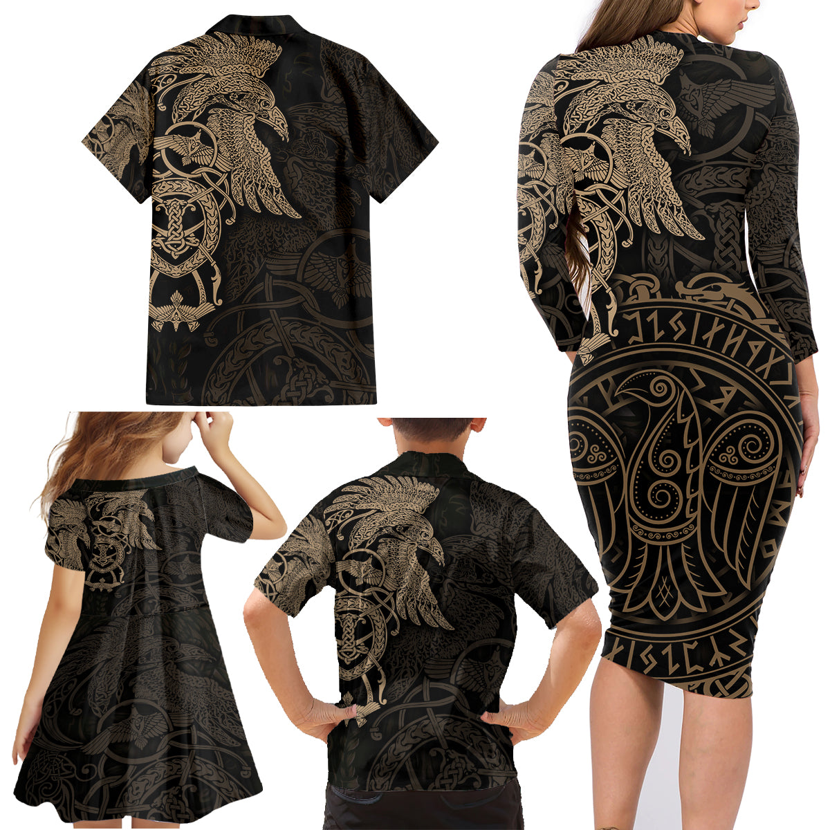 Viking Raven Family Matching Long Sleeve Bodycon Dress and Hawaiian Shirt Wisdom in Flight - Wonder Print Shop