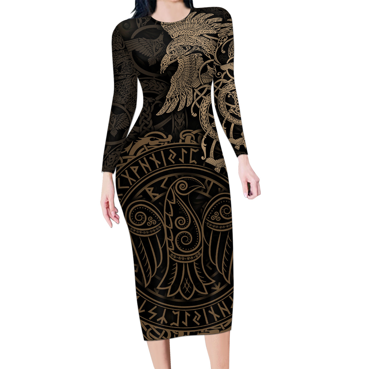 Viking Raven Family Matching Long Sleeve Bodycon Dress and Hawaiian Shirt Wisdom in Flight - Wonder Print Shop