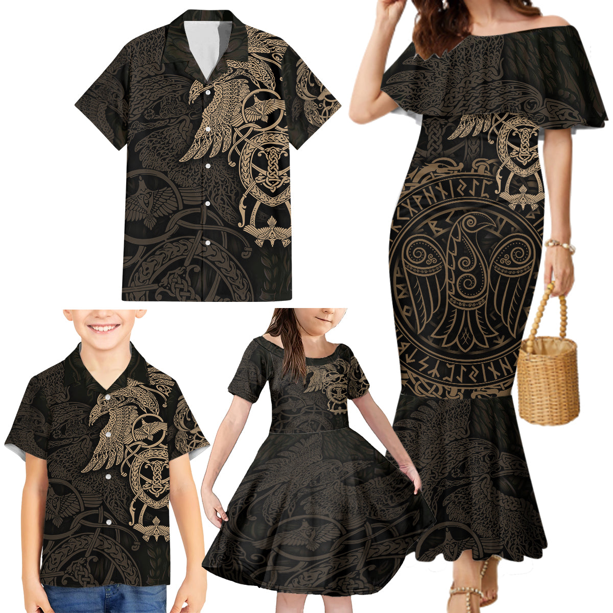 Viking Raven Family Matching Mermaid Dress and Hawaiian Shirt Wisdom in Flight - Wonder Print Shop