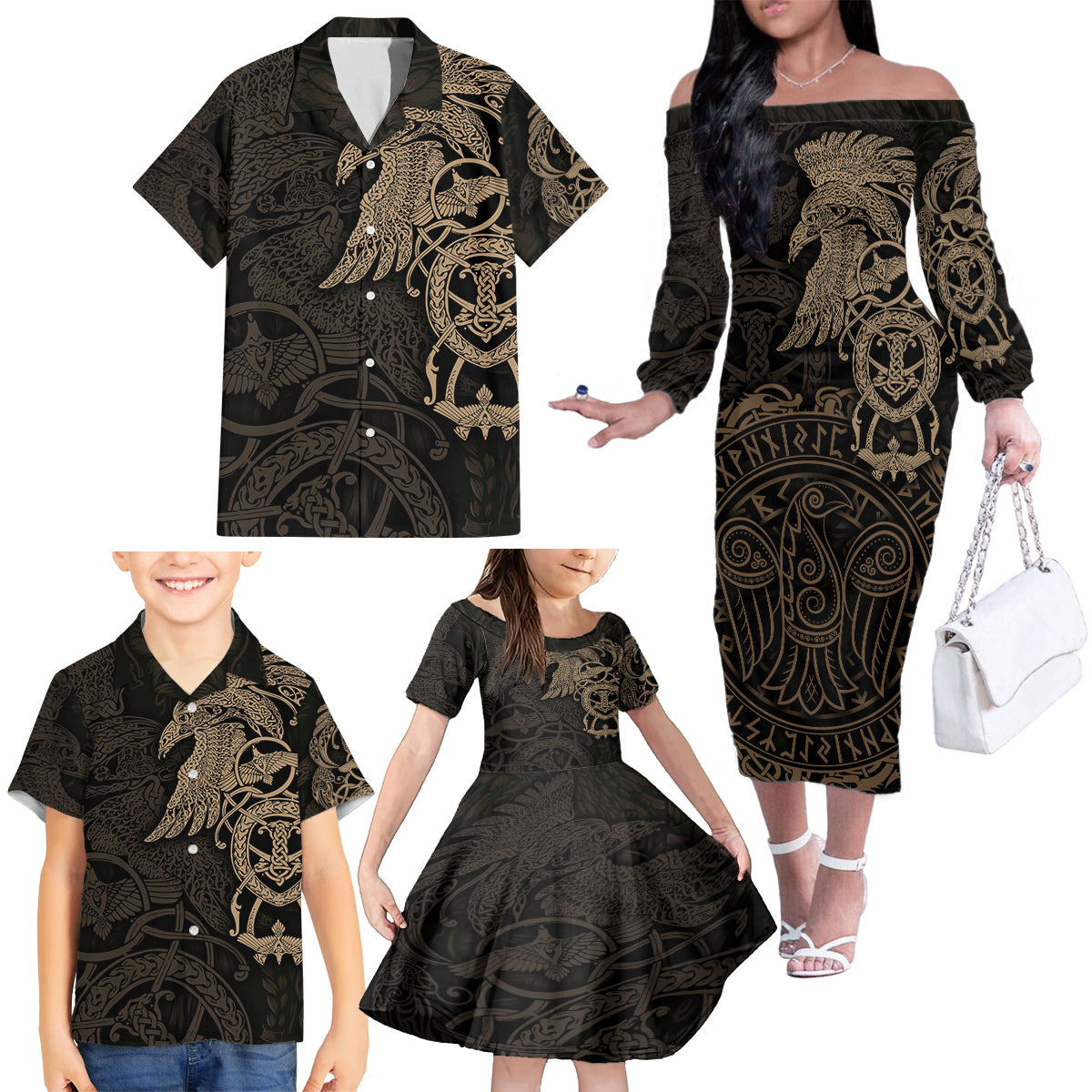 Viking Raven Family Matching Off Shoulder Long Sleeve Dress and Hawaiian Shirt Wisdom in Flight - Wonder Print Shop