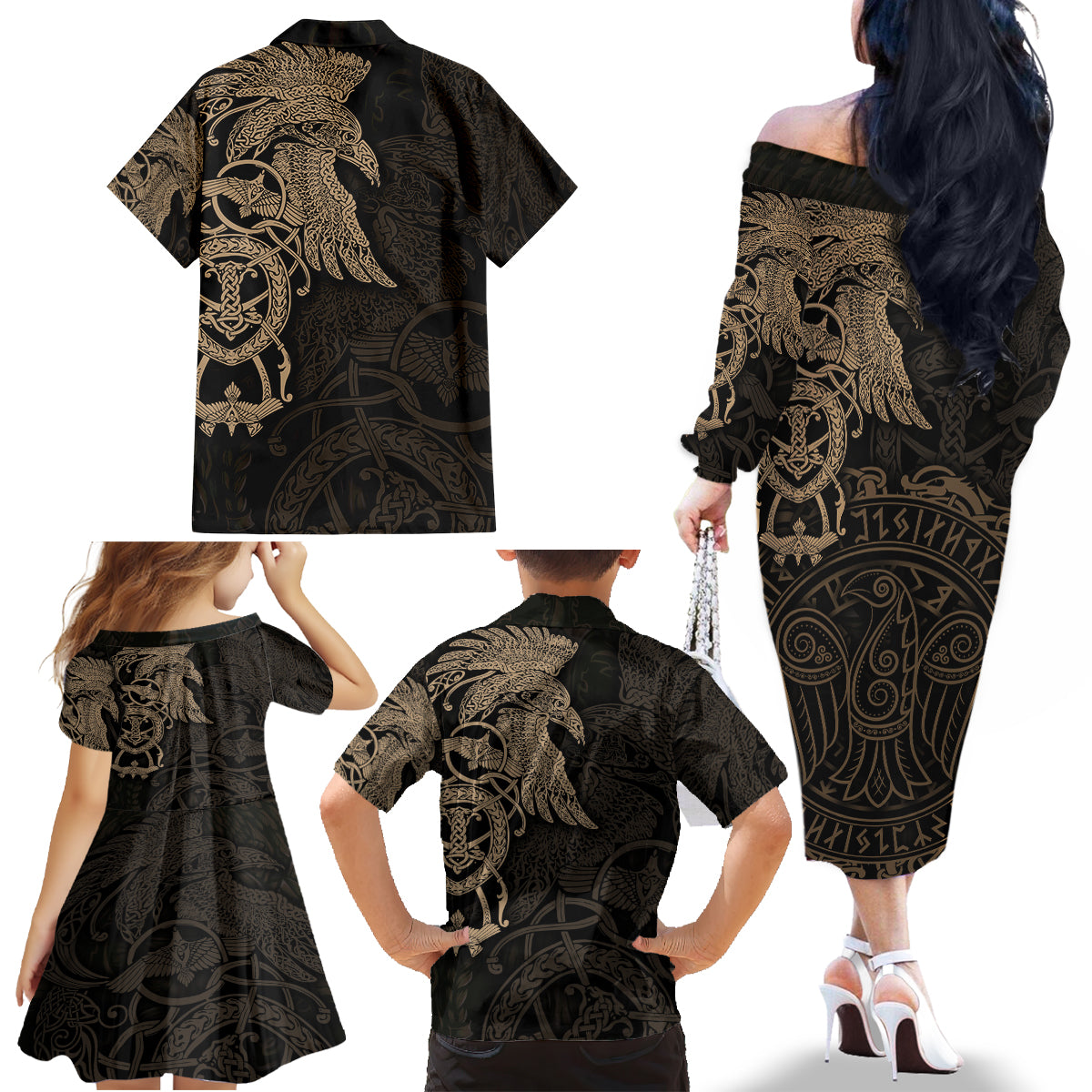 Viking Raven Family Matching Off Shoulder Long Sleeve Dress and Hawaiian Shirt Wisdom in Flight - Wonder Print Shop