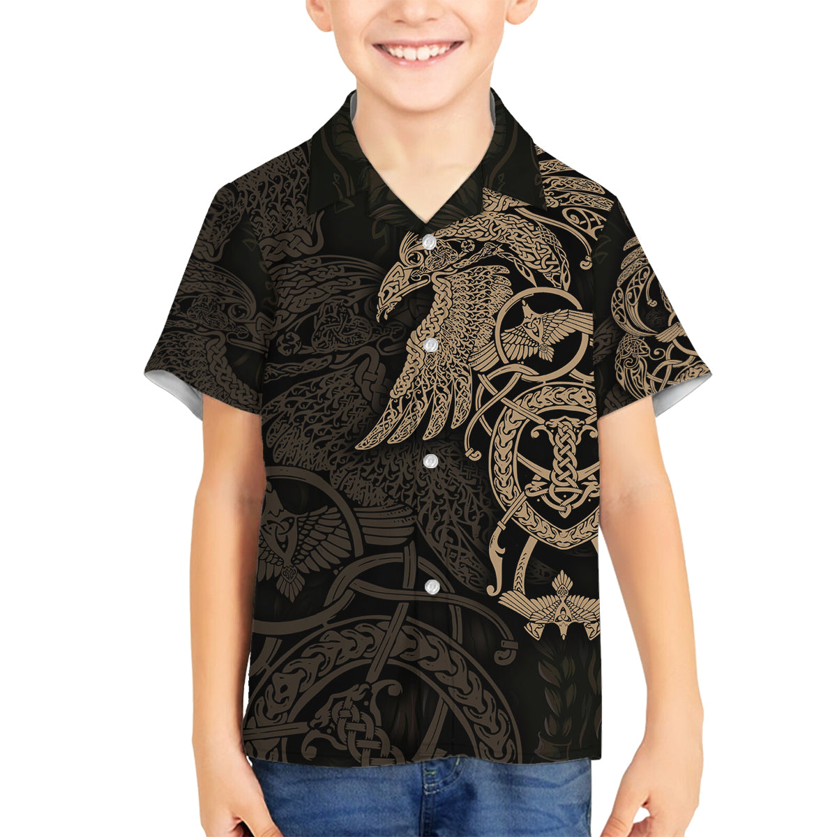 Viking Raven Family Matching Off Shoulder Long Sleeve Dress and Hawaiian Shirt Wisdom in Flight - Wonder Print Shop