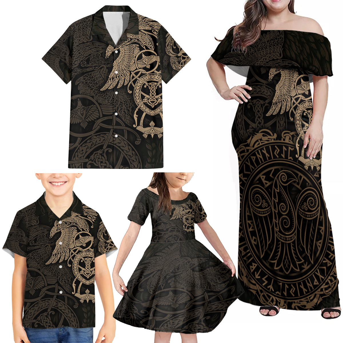 Viking Raven Family Matching Off Shoulder Maxi Dress and Hawaiian Shirt Wisdom in Flight - Wonder Print Shop
