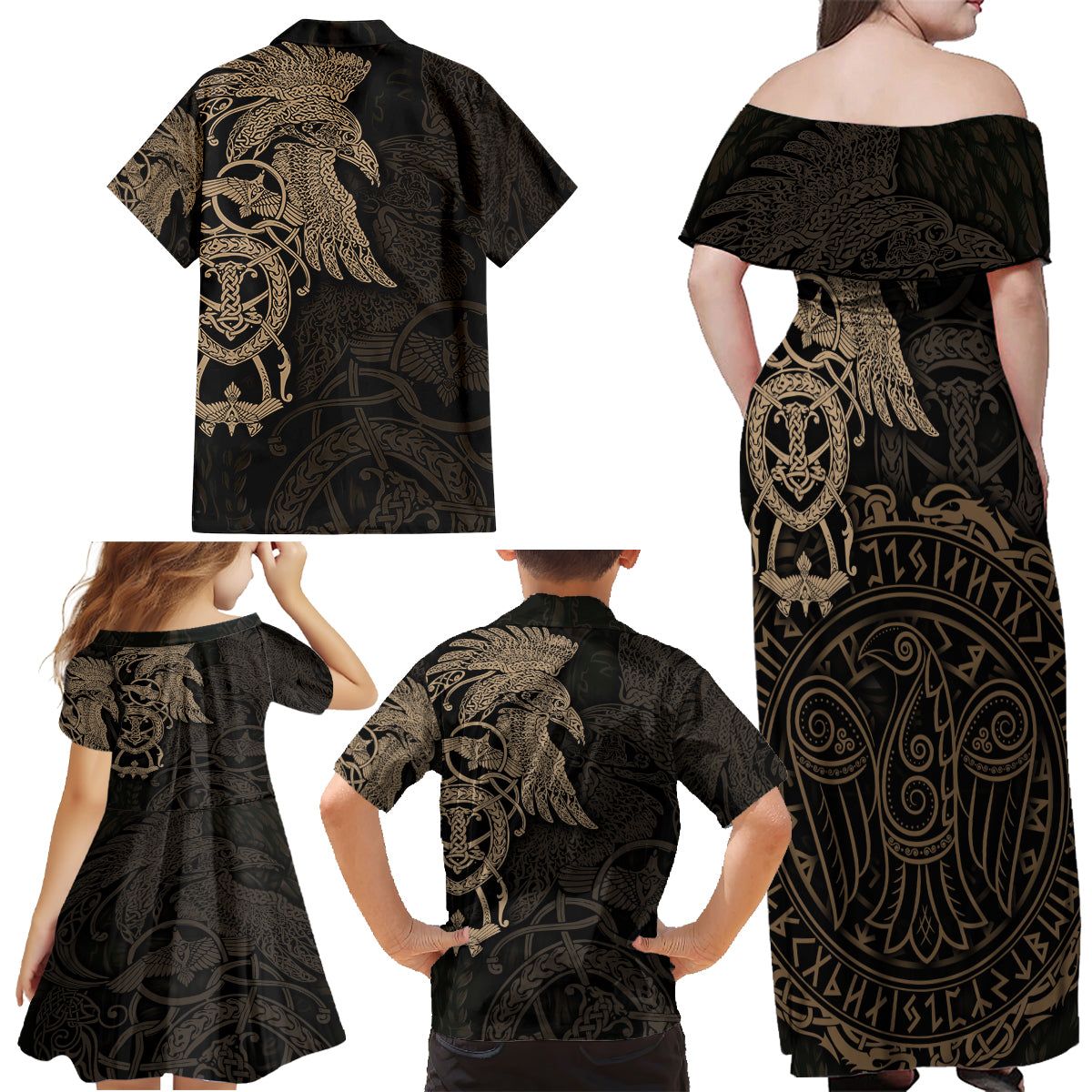 Viking Raven Family Matching Off Shoulder Maxi Dress and Hawaiian Shirt Wisdom in Flight - Wonder Print Shop