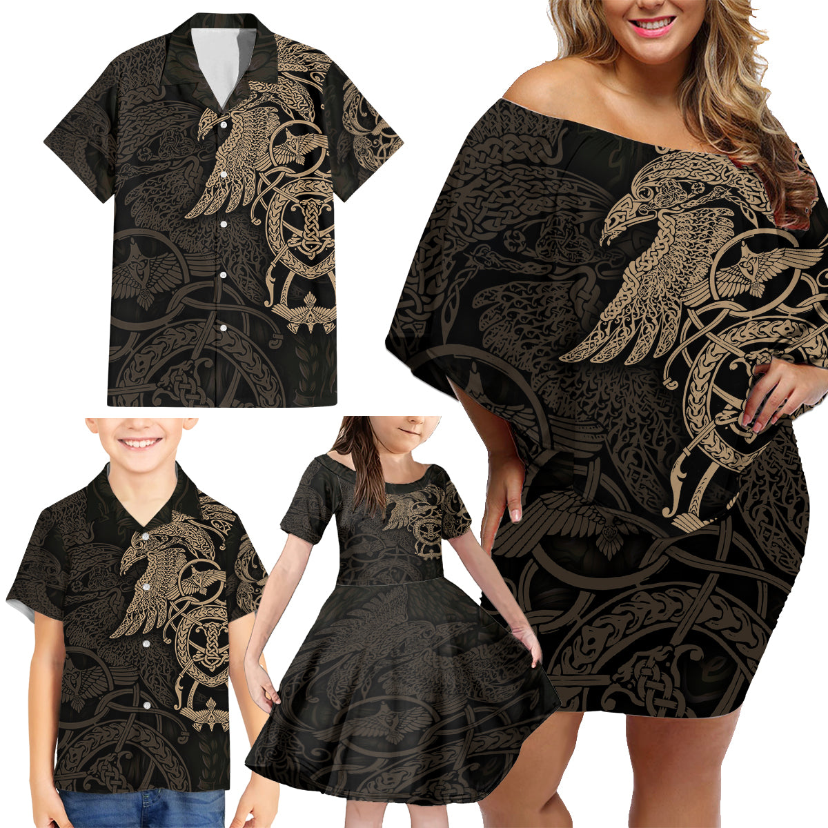 Viking Raven Family Matching Off Shoulder Short Dress and Hawaiian Shirt Wisdom in Flight - Wonder Print Shop