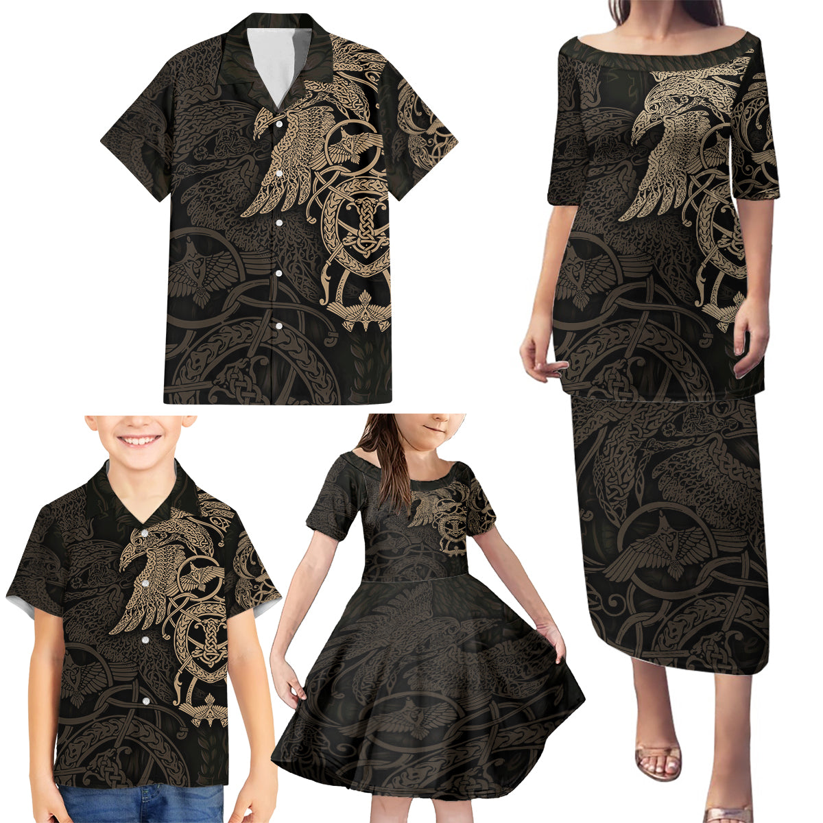 Viking Raven Family Matching Puletasi Dress and Hawaiian Shirt Wisdom in Flight - Wonder Print Shop