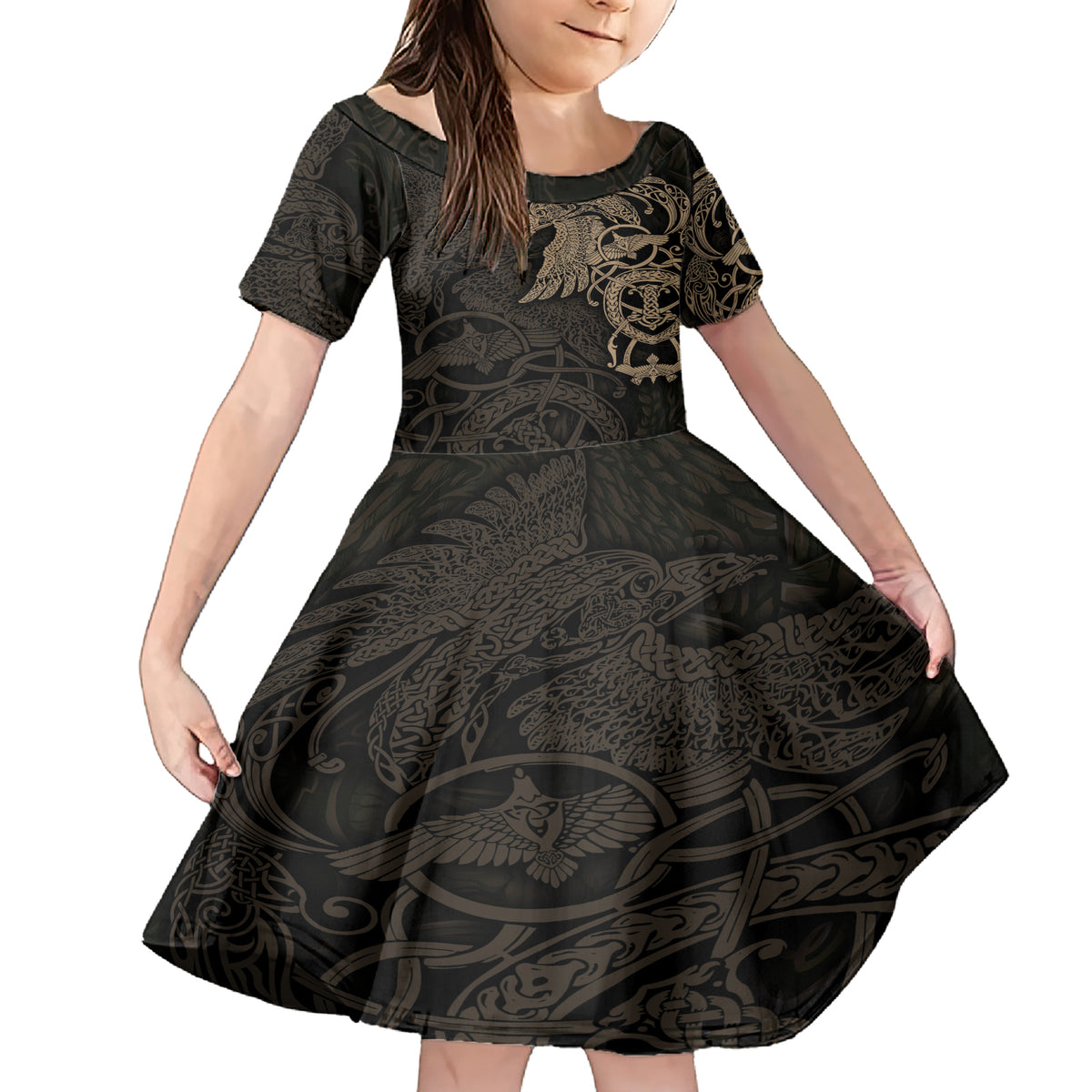 Viking Raven Family Matching Short Sleeve Bodycon Dress and Hawaiian Shirt Wisdom in Flight - Wonder Print Shop