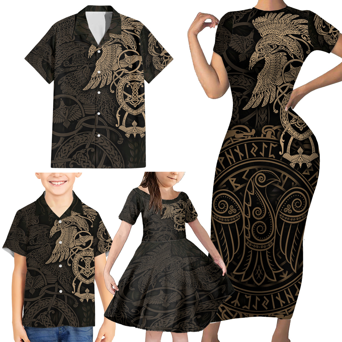 Viking Raven Family Matching Short Sleeve Bodycon Dress and Hawaiian Shirt Wisdom in Flight - Wonder Print Shop