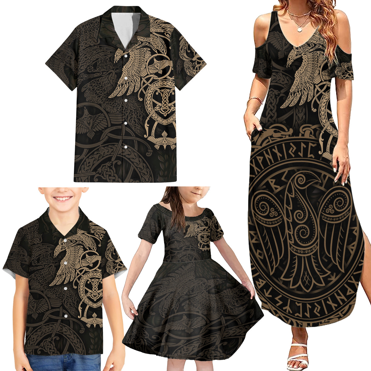 Viking Raven Family Matching Summer Maxi Dress and Hawaiian Shirt Wisdom in Flight - Wonder Print Shop