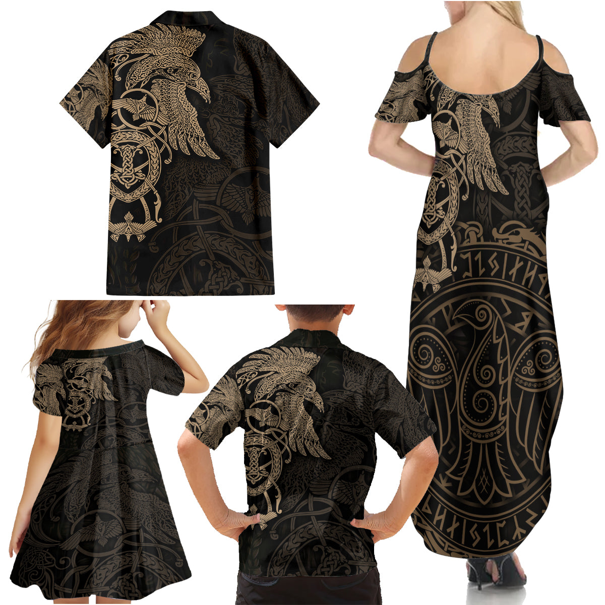 Viking Raven Family Matching Summer Maxi Dress and Hawaiian Shirt Wisdom in Flight - Wonder Print Shop