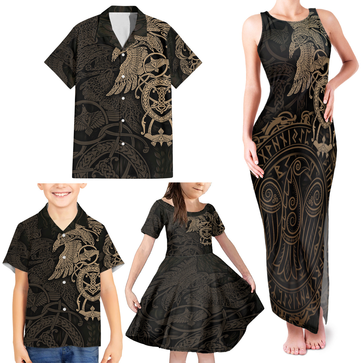 Viking Raven Family Matching Tank Maxi Dress and Hawaiian Shirt Wisdom in Flight - Wonder Print Shop