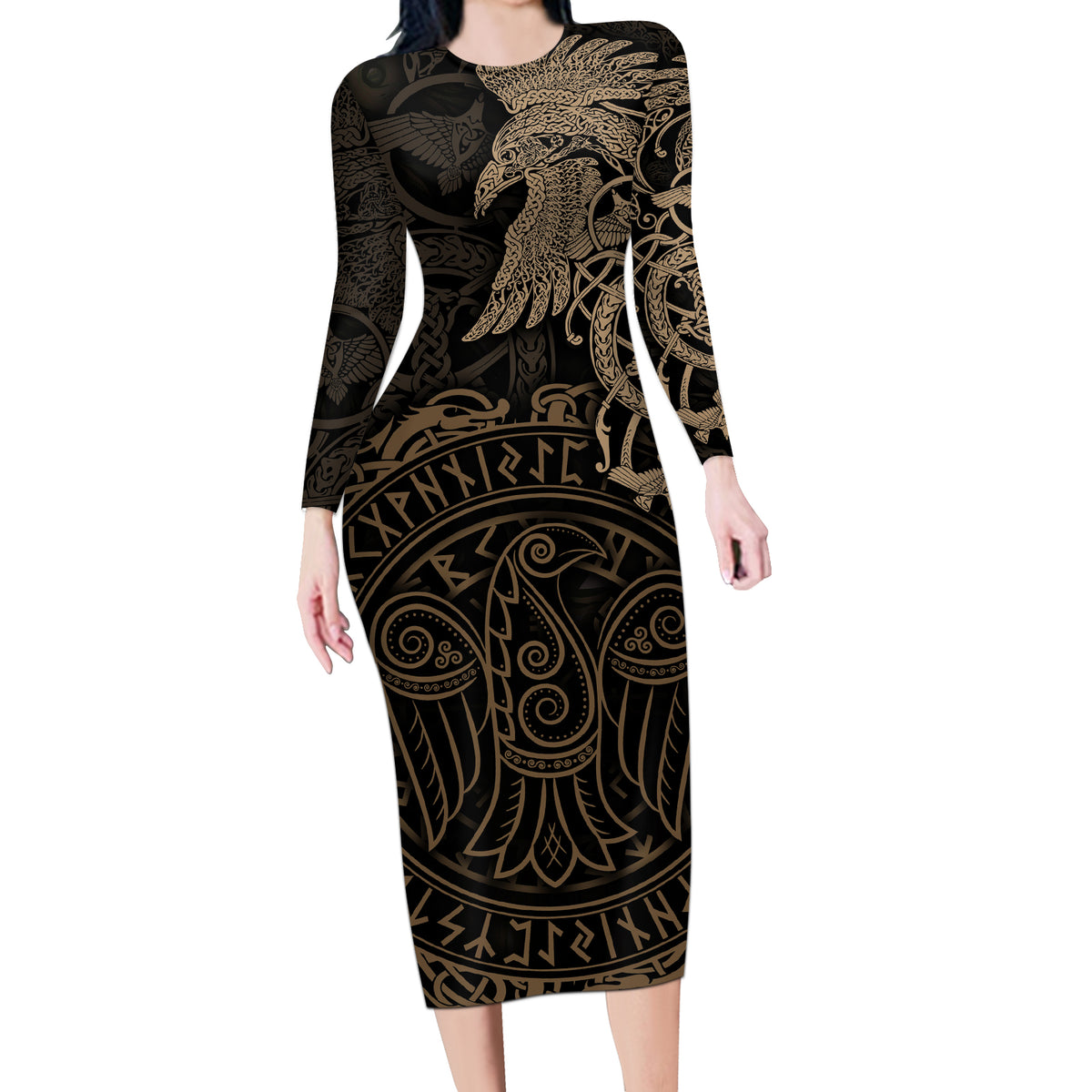Viking Raven Long Sleeve Bodycon Dress Wisdom in Flight - Wonder Print Shop