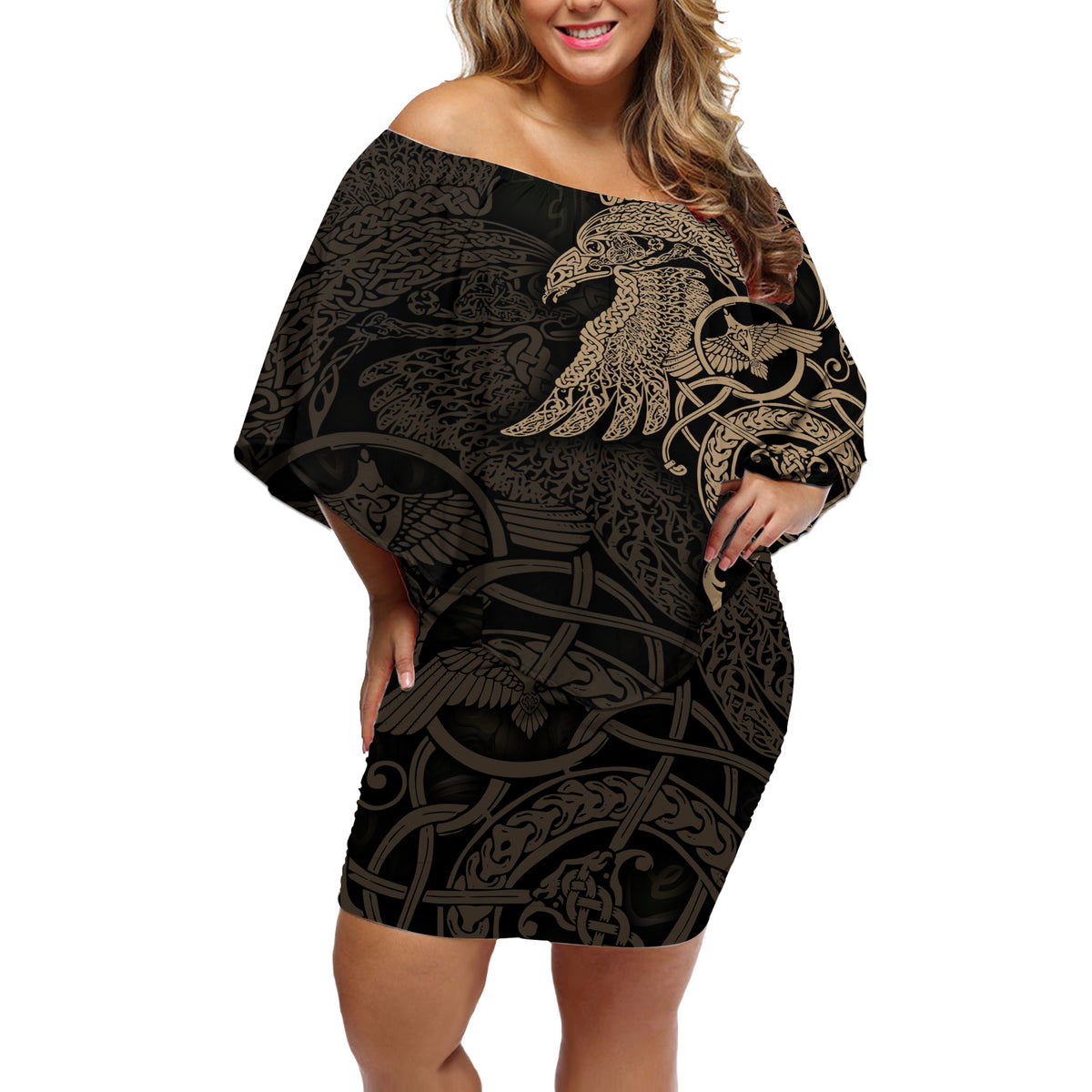 Viking Raven Off Shoulder Short Dress Wisdom in Flight - Wonder Print Shop