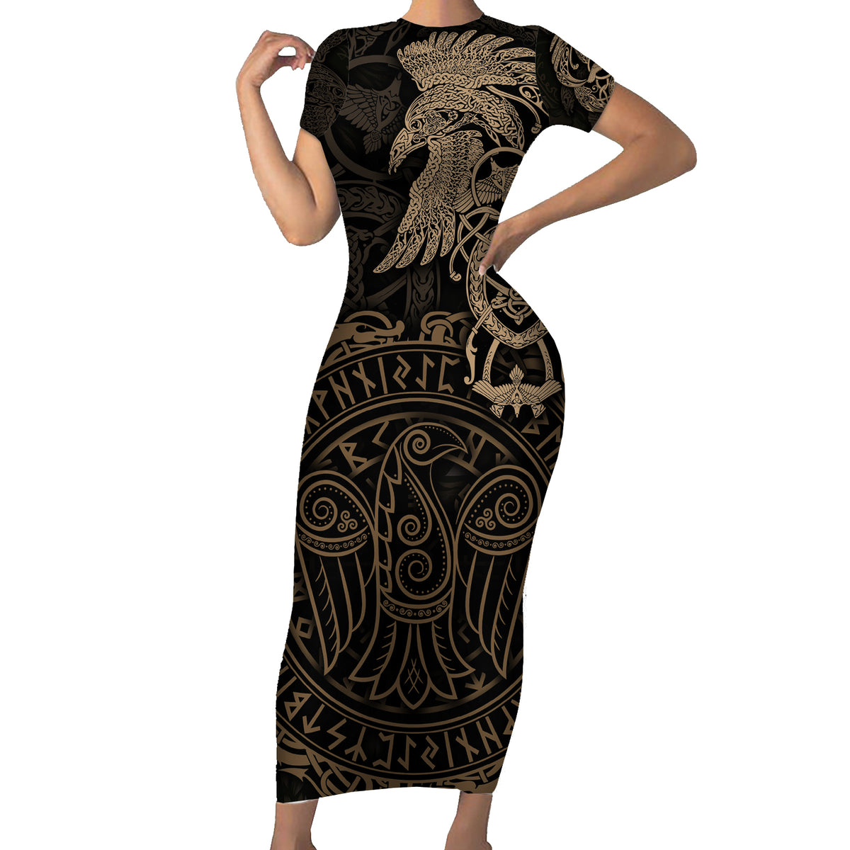 Viking Raven Short Sleeve Bodycon Dress Wisdom in Flight - Wonder Print Shop