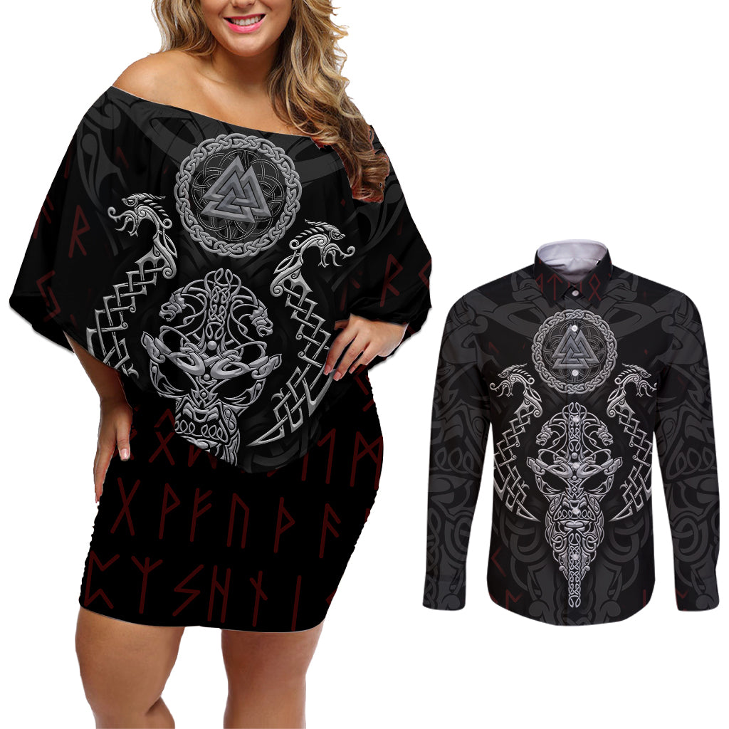 Viking Valhalla Couples Matching Off Shoulder Short Dress and Long Sleeve Button Shirts Odin and Drakkar Pattern - Wonder Print Shop