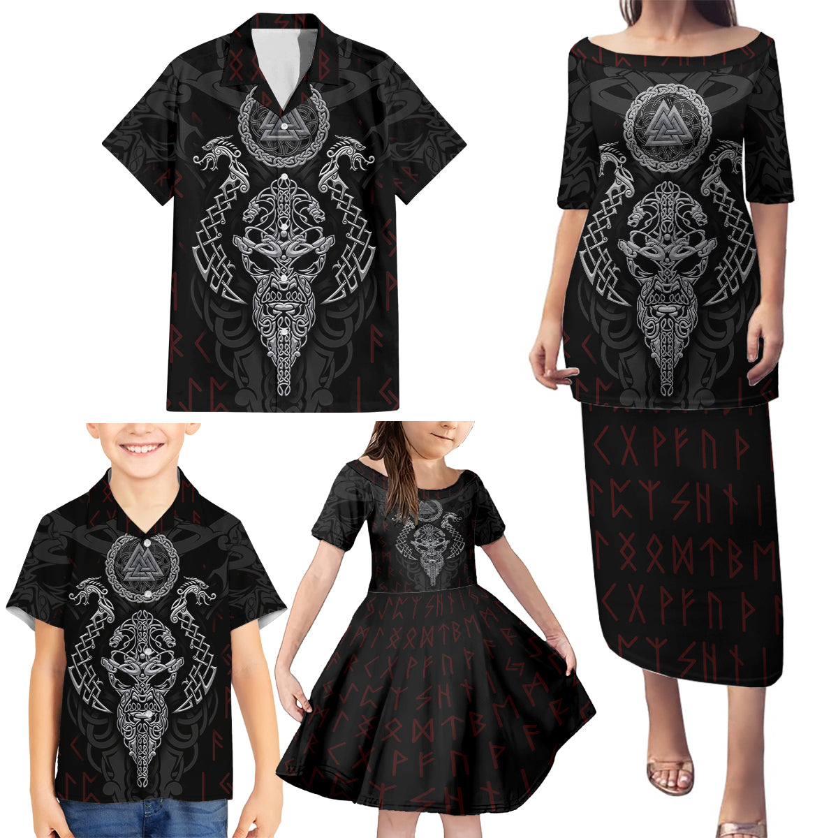 Viking Valhalla Family Matching Puletasi Dress and Hawaiian Shirt Odin and Drakkar Pattern - Wonder Print Shop