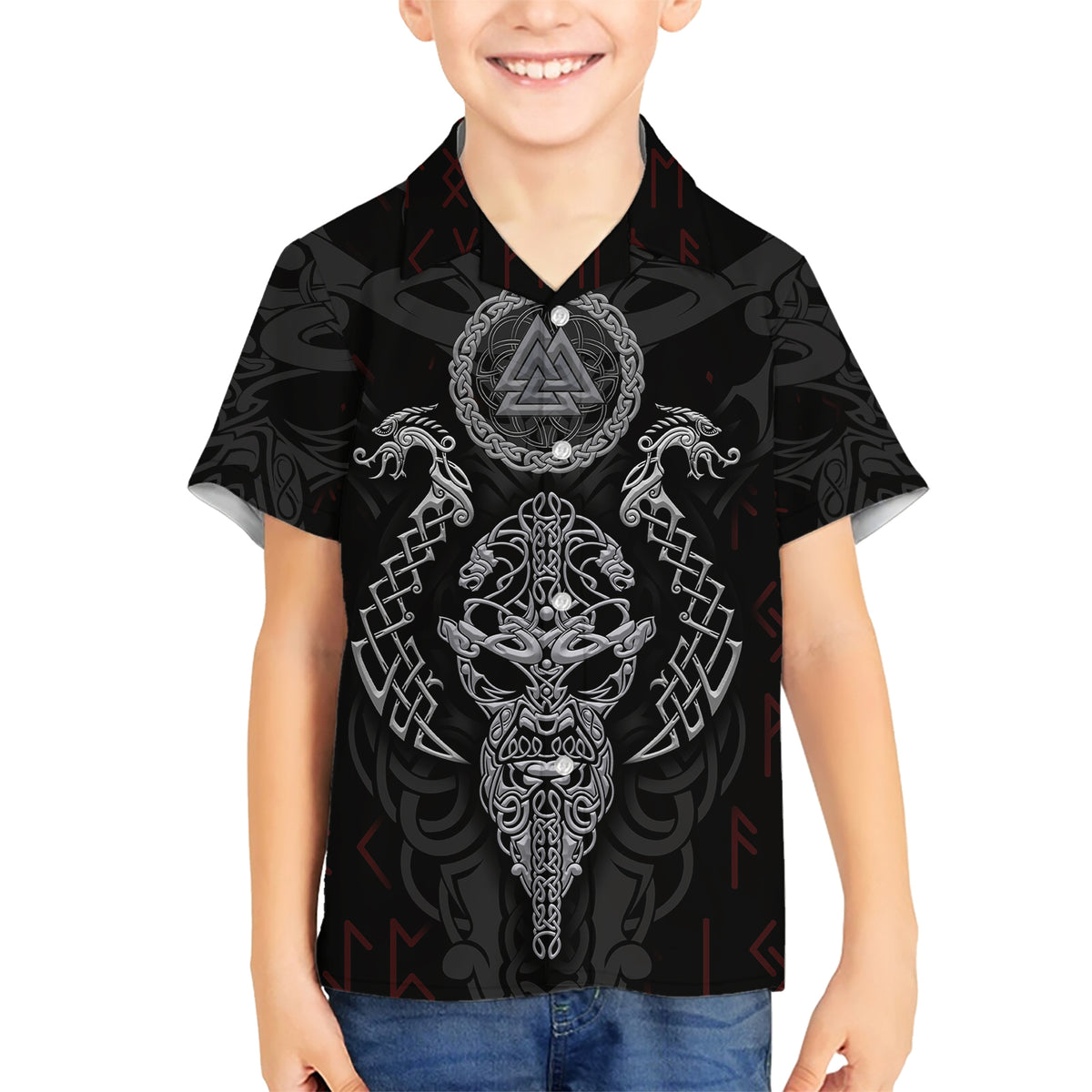 Viking Valhalla Family Matching Short Sleeve Bodycon Dress and Hawaiian Shirt Odin and Drakkar Pattern - Wonder Print Shop