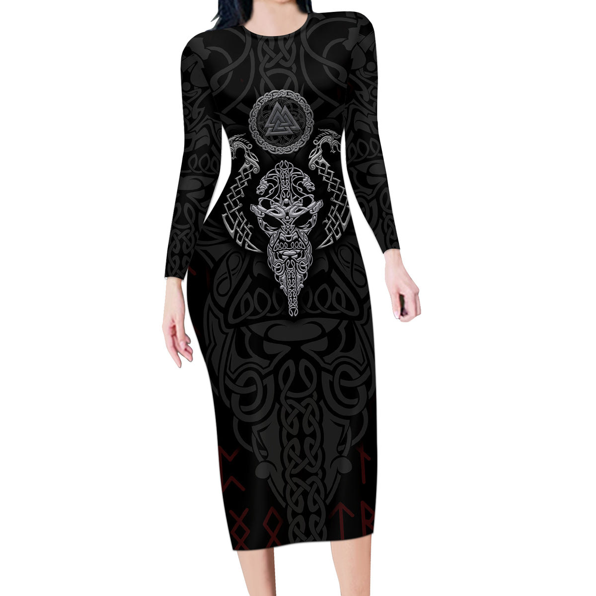 Viking Valhalla Long Sleeve Bodycon Dress Odin and Drakkar Pattern - Wonder Print Shop