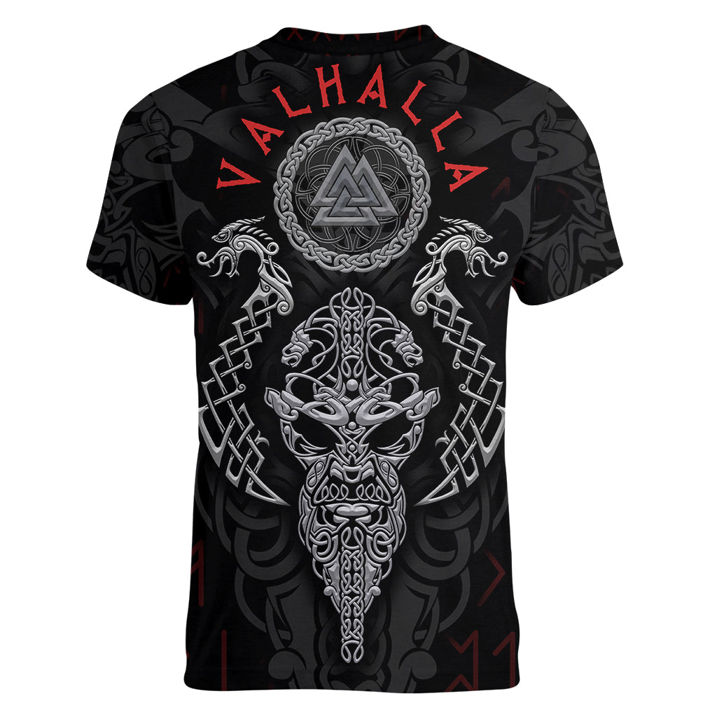 Viking Valhalla Women V Neck T Shirt Odin and Drakkar Pattern - Wonder Print Shop