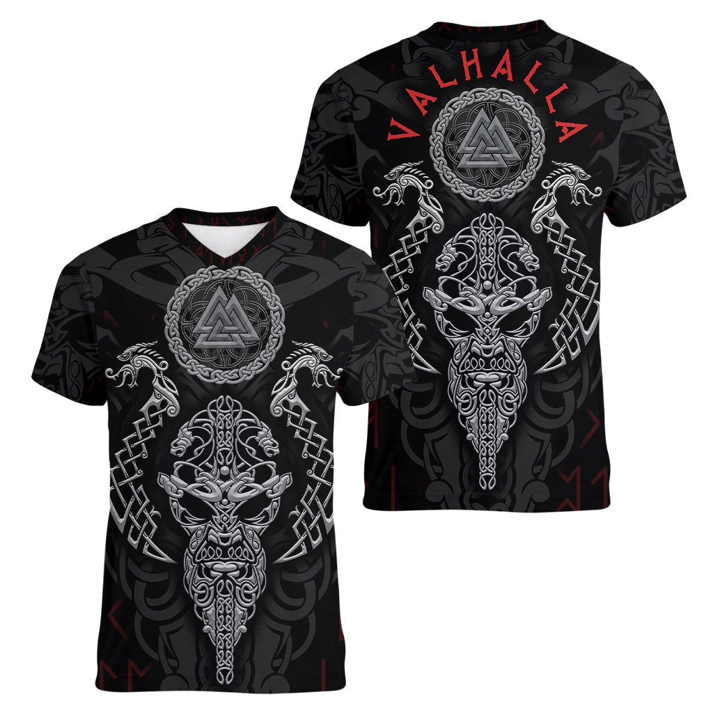 Viking Valhalla Women V Neck T Shirt Odin and Drakkar Pattern - Wonder Print Shop