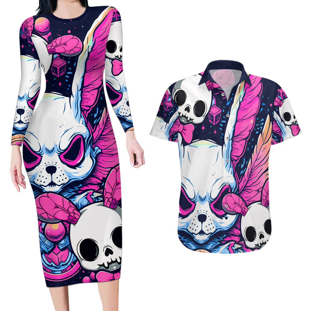 Crazy Rabbit Lady Couples Matching Long Sleeve Bodycon Dress and Hawaiian Shirt - Wonder Print Shop