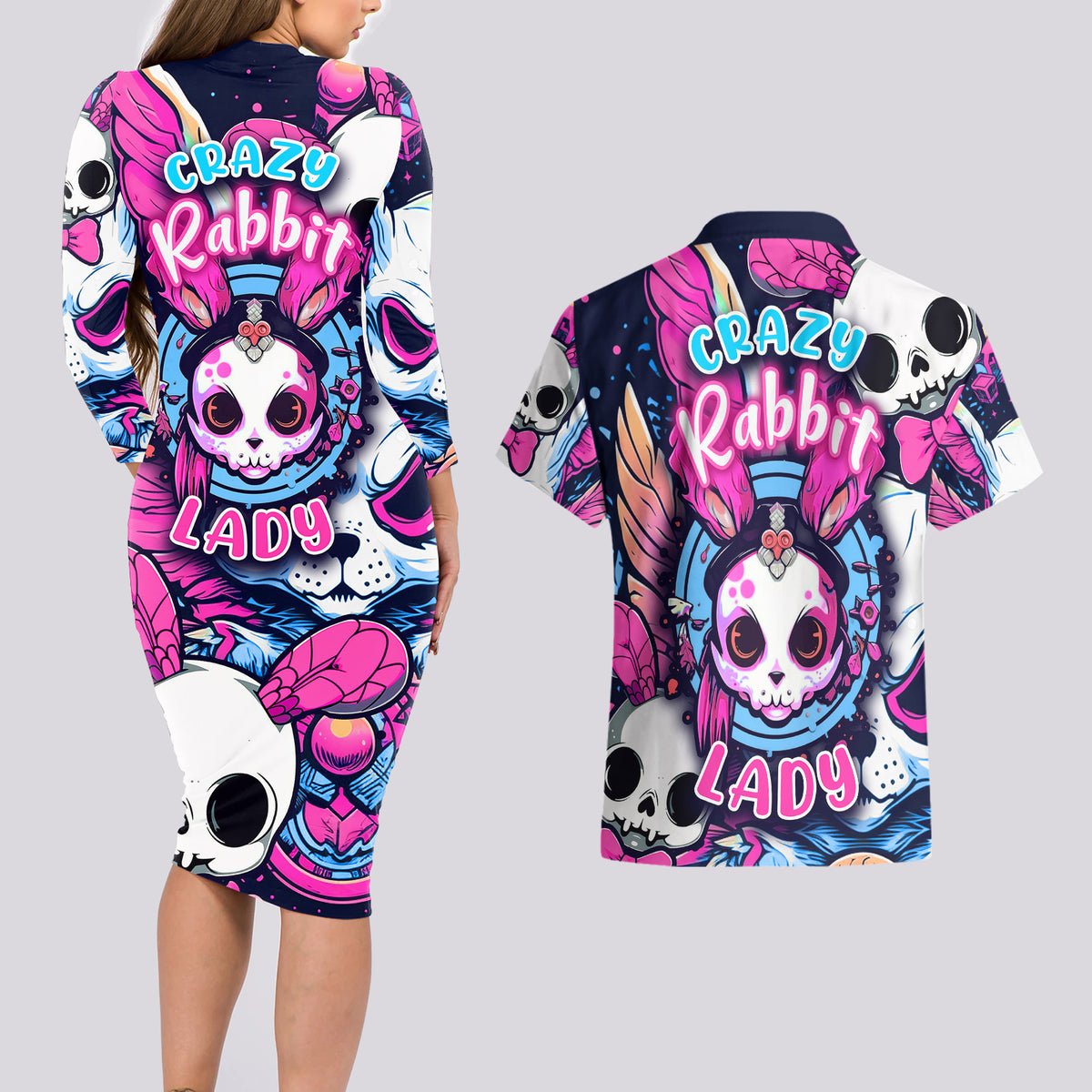 Crazy Rabbit Lady Couples Matching Long Sleeve Bodycon Dress and Hawaiian Shirt - Wonder Print Shop