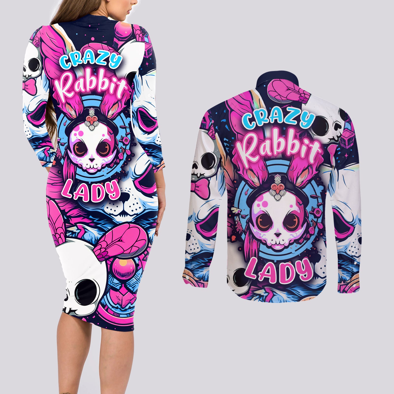 Crazy Rabbit Lady Couples Matching Long Sleeve Bodycon Dress and Long Sleeve Button Shirts - Wonder Print Shop