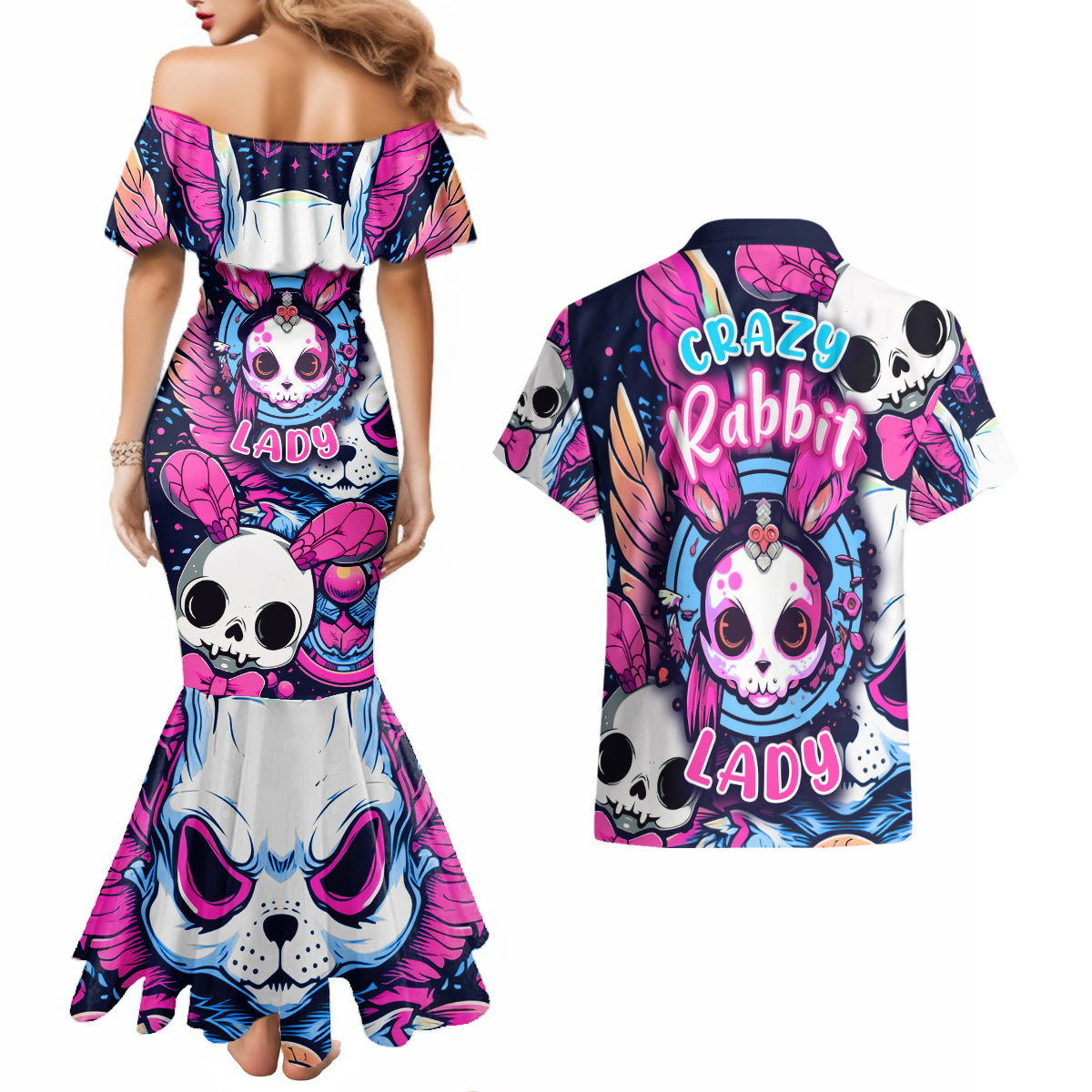 Crazy Rabbit Lady Couples Matching Mermaid Dress and Hawaiian Shirt - Wonder Print Shop
