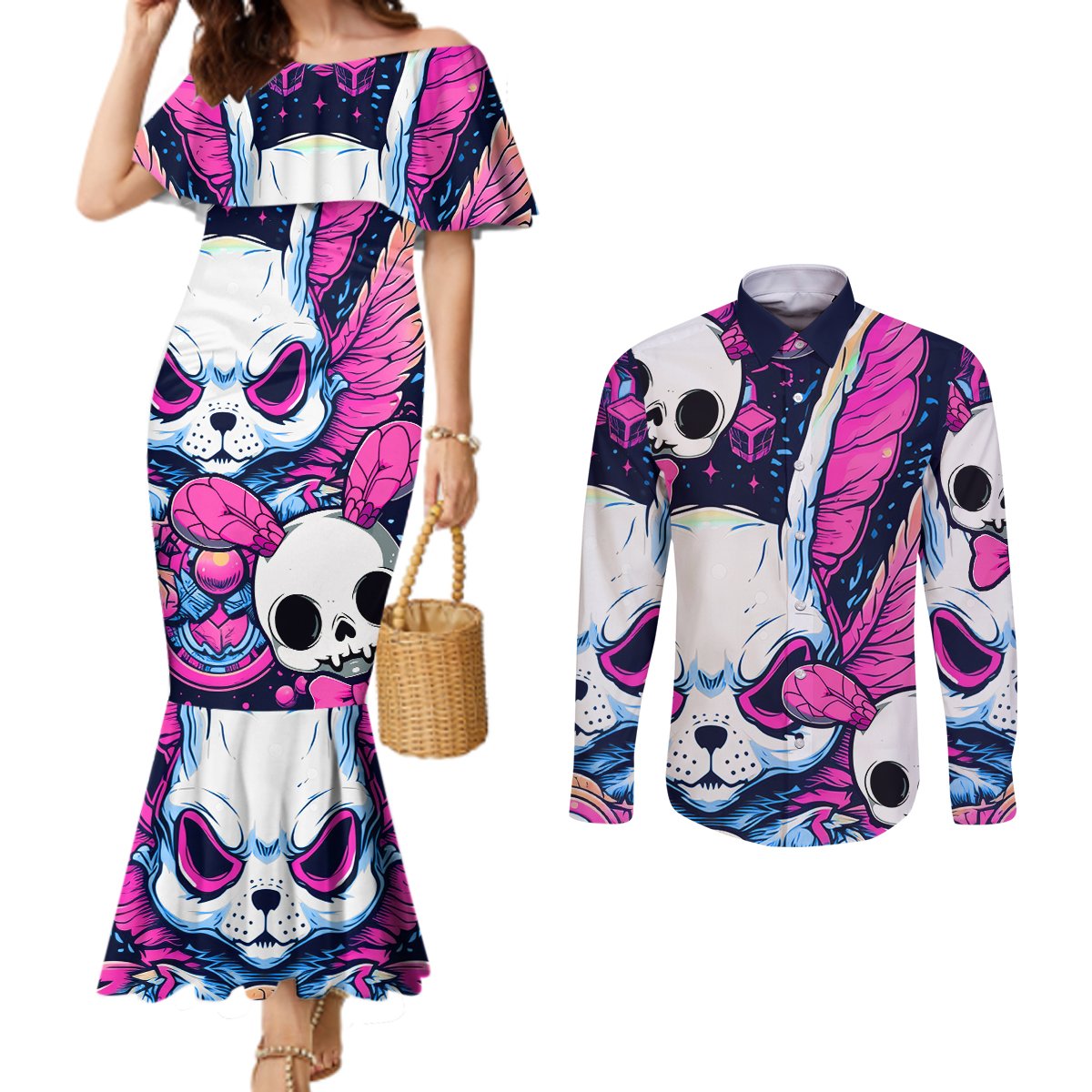 crazy-rabbit-lady-couples-matching-mermaid-dress-and-long-sleeve-button-shirts