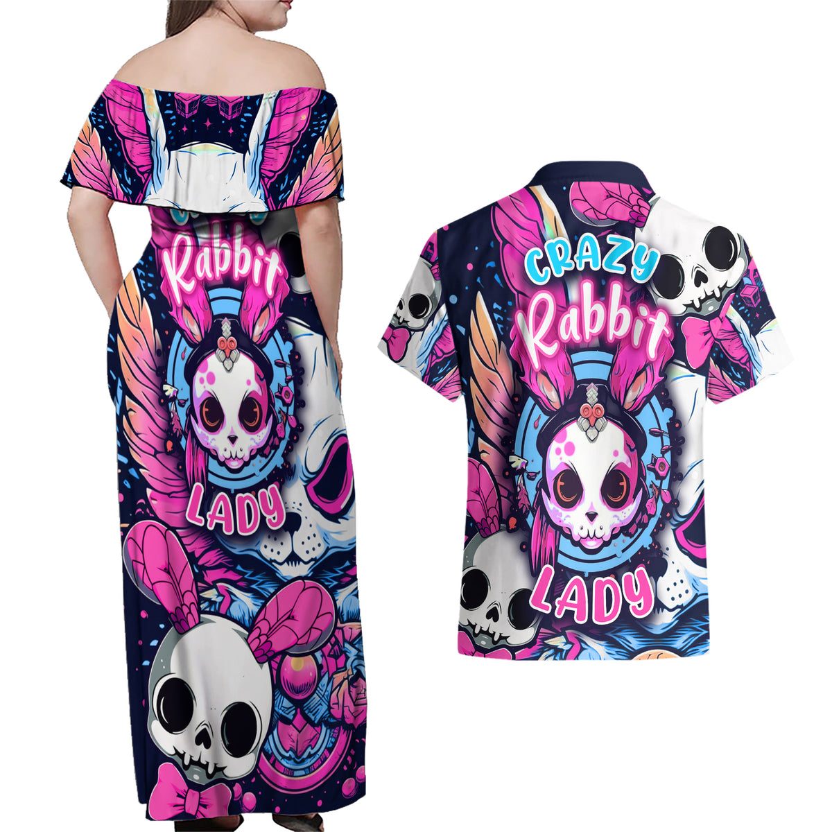 Crazy Rabbit Lady Couples Matching Off Shoulder Maxi Dress and Hawaiian Shirt - Wonder Print Shop