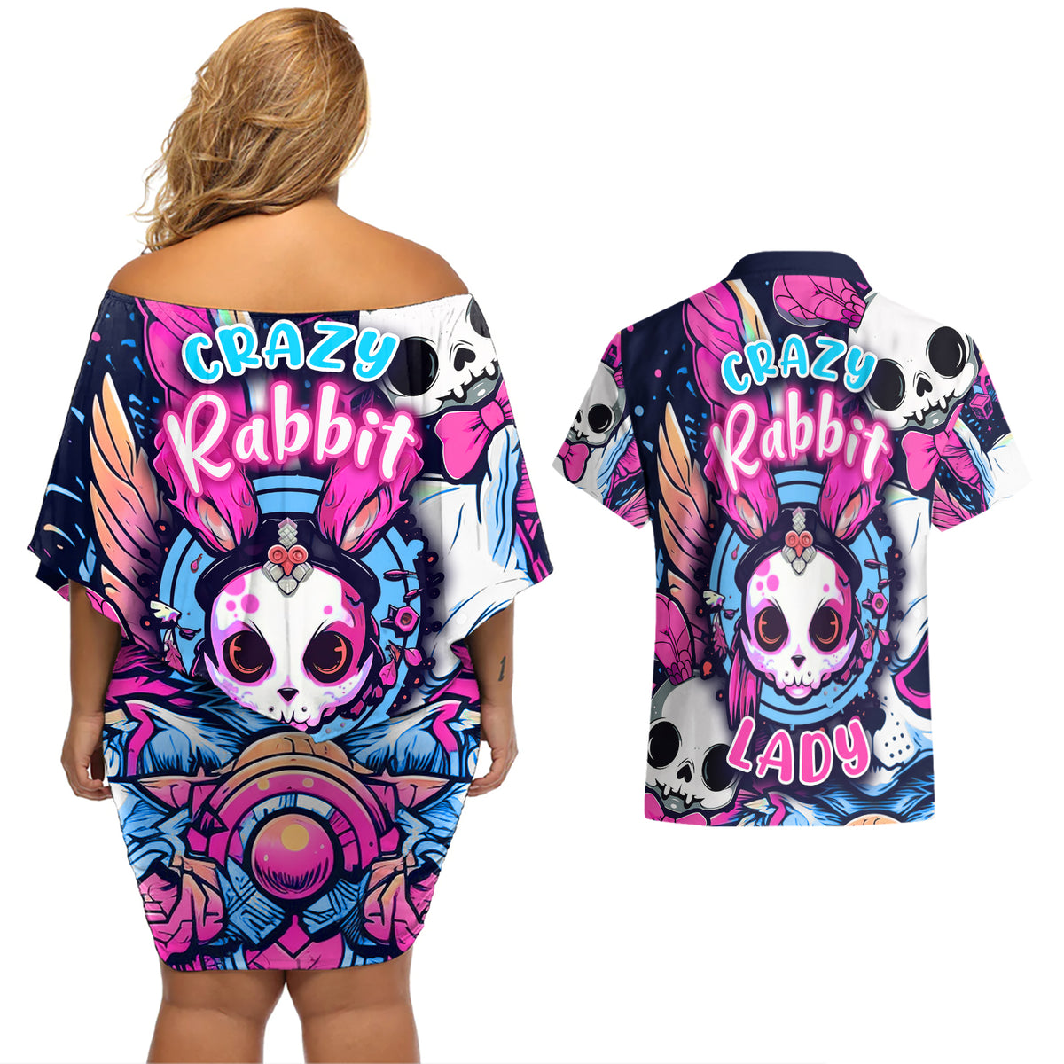 Crazy Rabbit Lady Couples Matching Off Shoulder Short Dress and Hawaiian Shirt - Wonder Print Shop