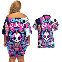 Crazy Rabbit Lady Couples Matching Off Shoulder Short Dress and Hawaiian Shirt - Wonder Print Shop