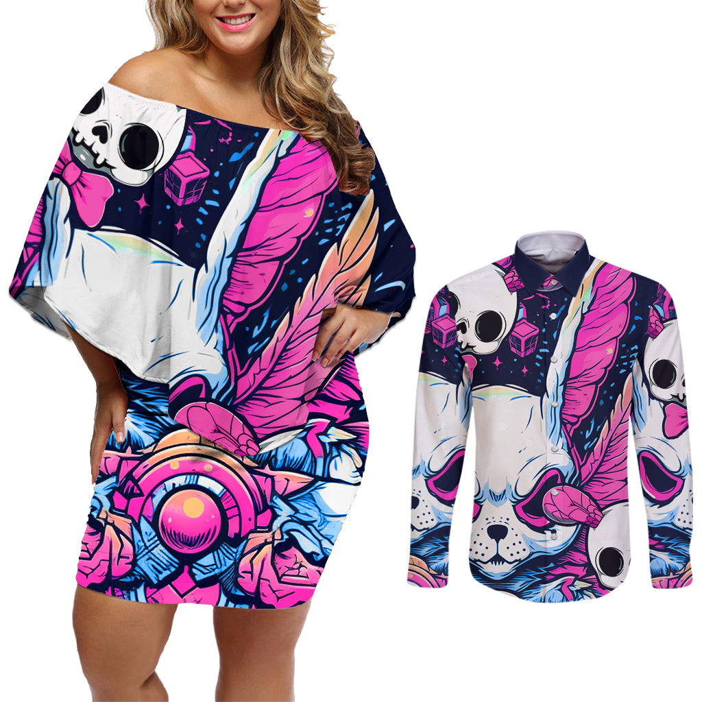 Crazy Rabbit Lady Couples Matching Off Shoulder Short Dress and Long Sleeve Button Shirts - Wonder Print Shop