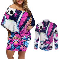 Crazy Rabbit Lady Couples Matching Off Shoulder Short Dress and Long Sleeve Button Shirts - Wonder Print Shop